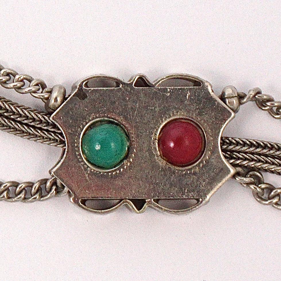 German Oberstein Antique Silver Tone Pocket Watch Chain Red and Green Stones 2