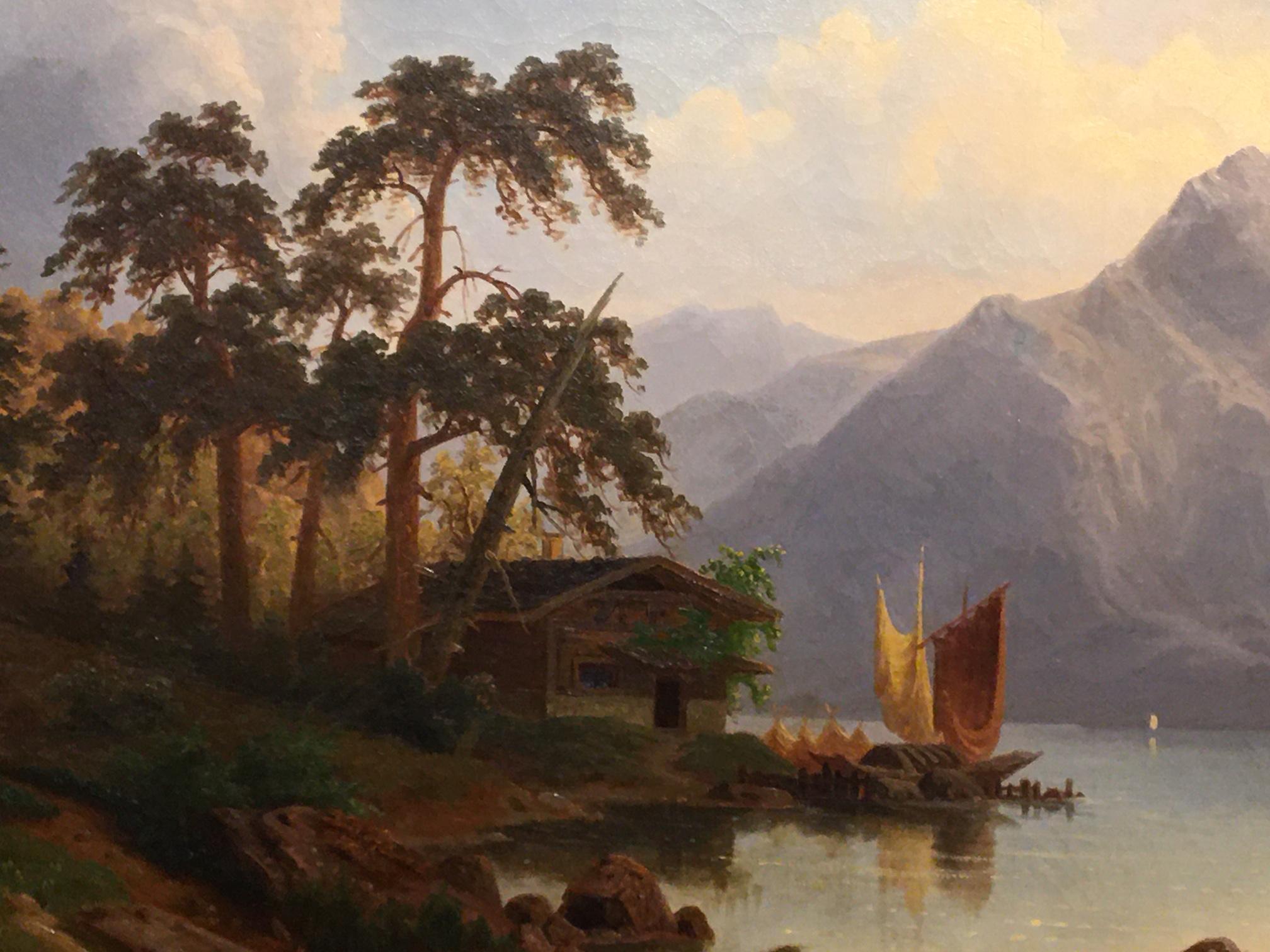 German Oil on Canvas Landscape with Boaters by Carl Schmitz, Early 20th Century 1