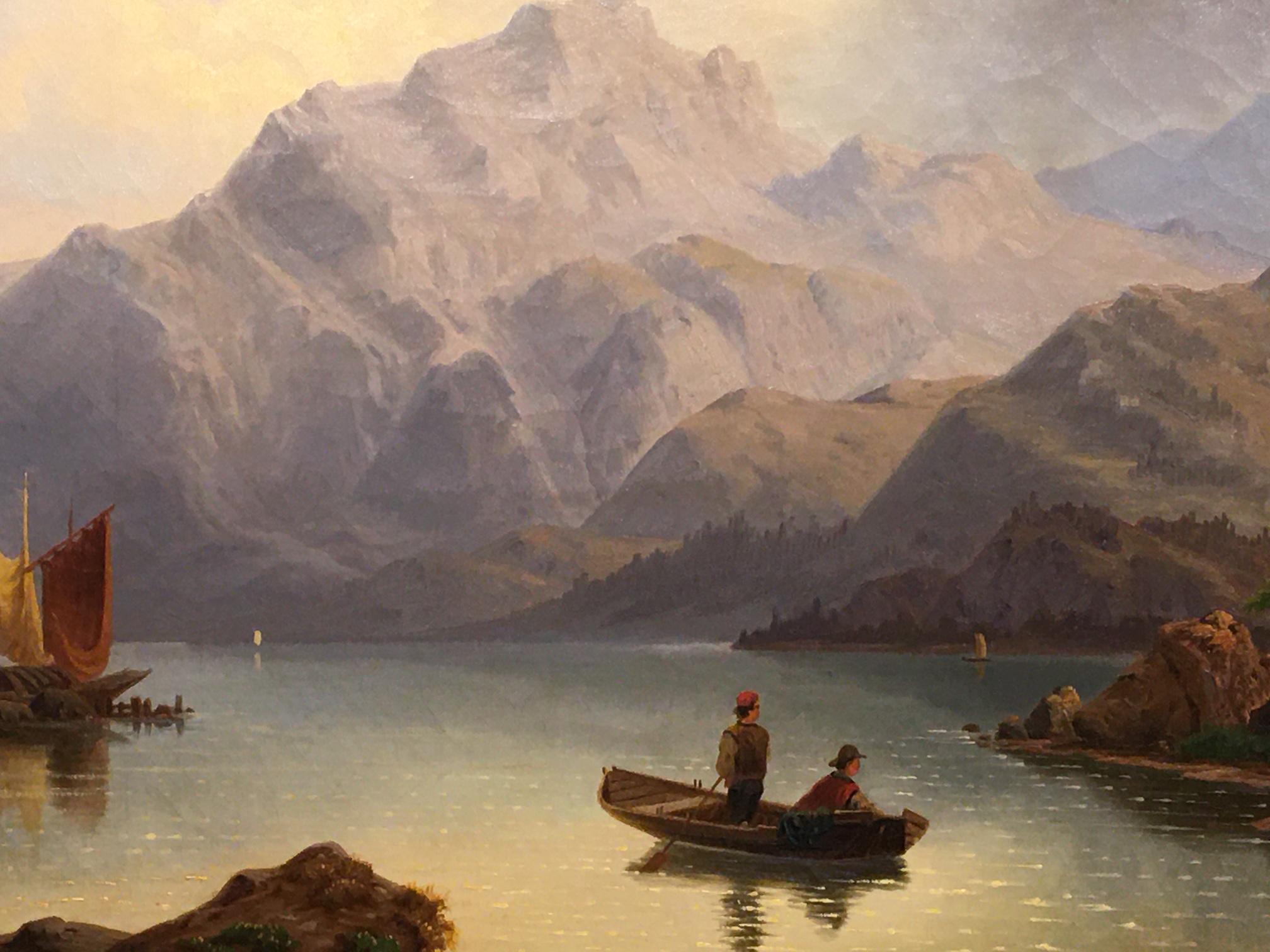 German Oil on Canvas Landscape with Boaters by Carl Schmitz, Early 20th Century 2