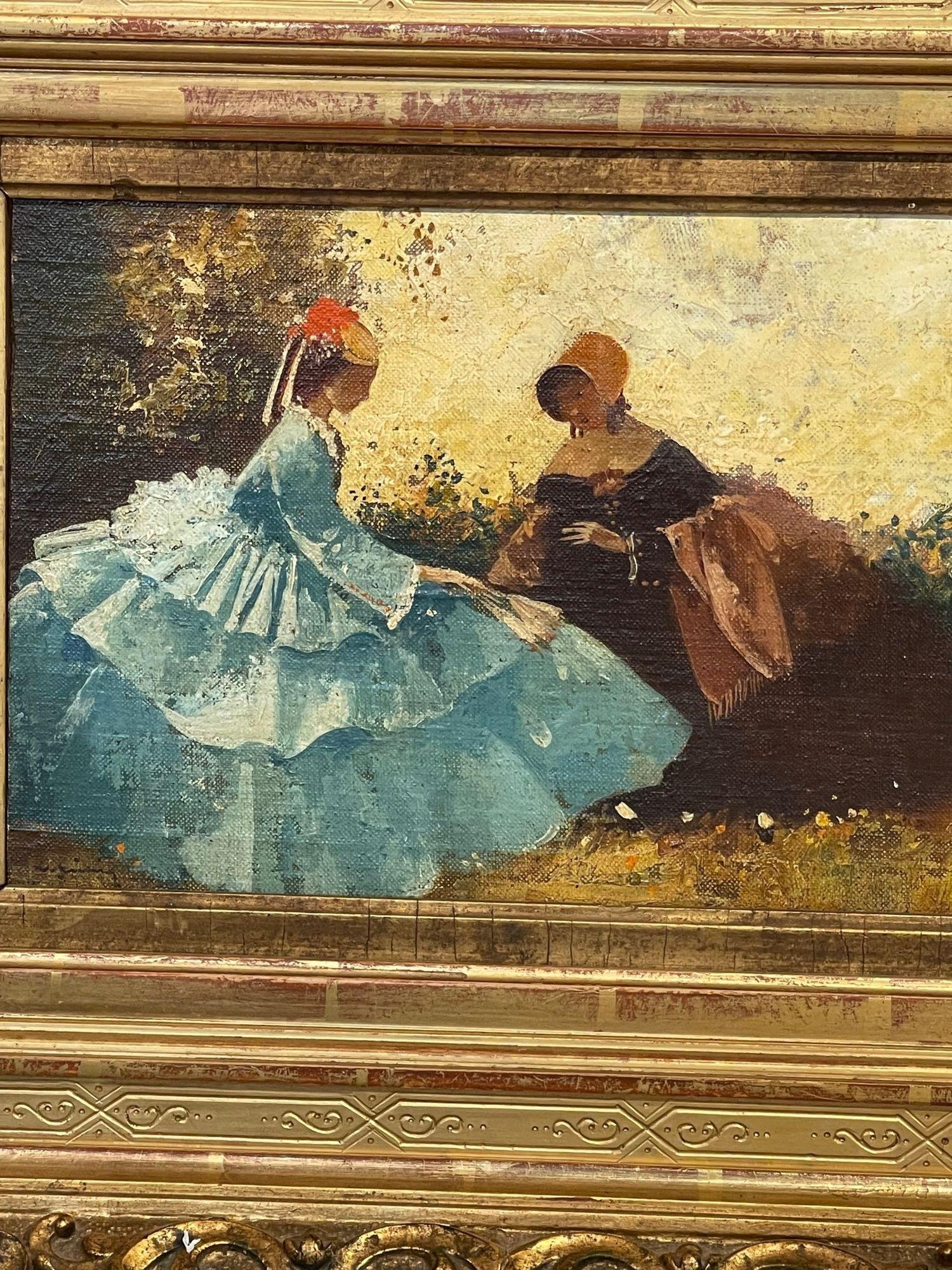 Fine quality 19th century German oil on panel of lady in a blue dress, in original water gilt frame. Circa 1870. A fine addition to any home!