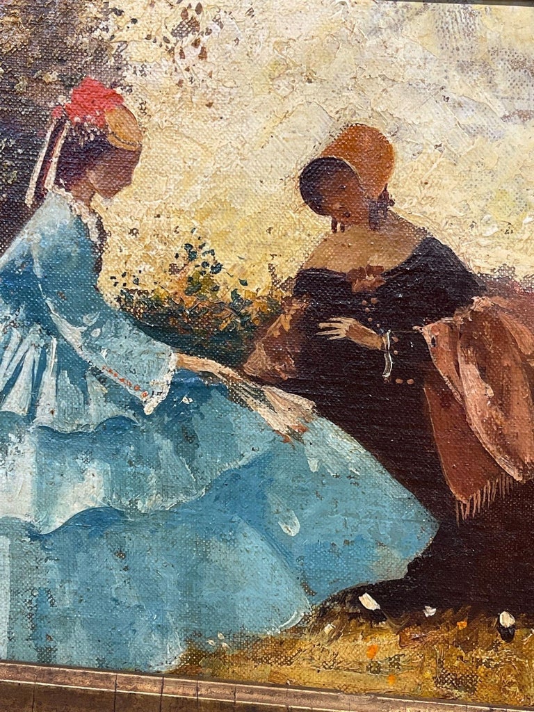 German Oil Painting of Lady in Blue Dress at 1stDibs