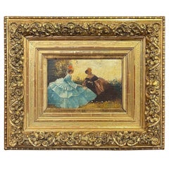 German Oil Painting of Lady in Blue Dress