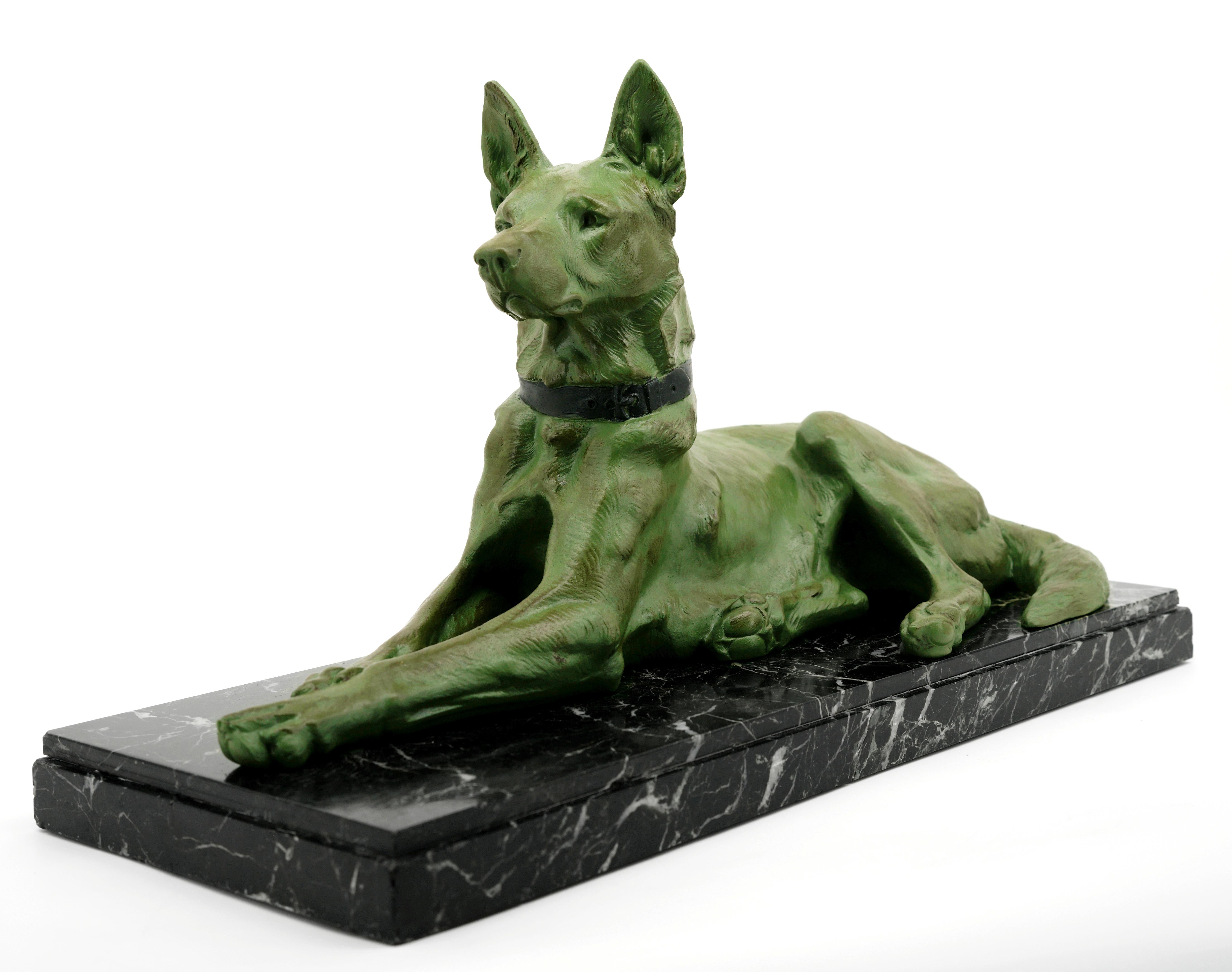 Large German shepherd sculpture byLouis-Albert Carvin, France, 1910s. Spelter dog. Marble base. Height: 11.8
