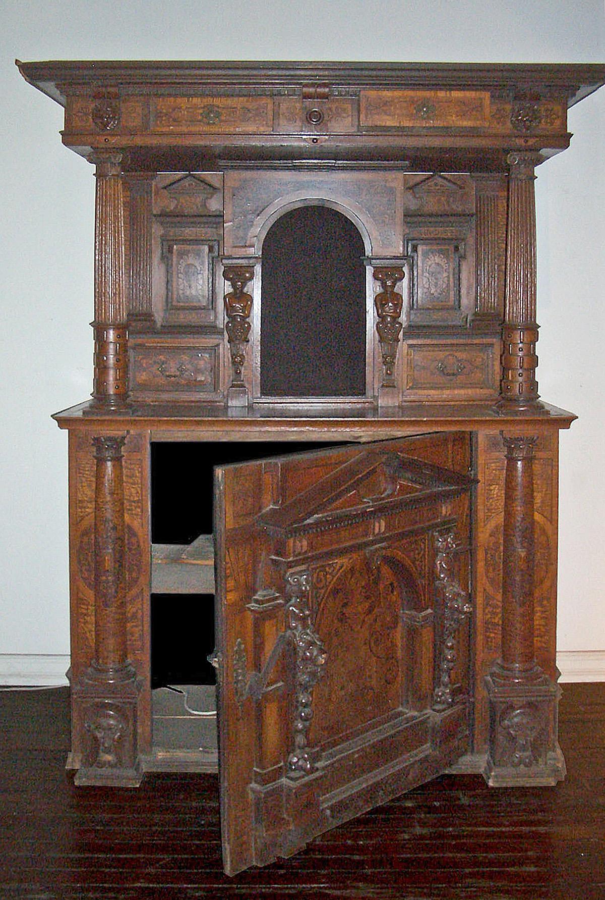 Carved German or Swiss Late Renaissance / Baroque 17th Century Inlaid Buffet Cabinet For Sale