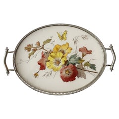 German Oval Ceramic and Metal Serving Tray with Flowers and insects, 1920