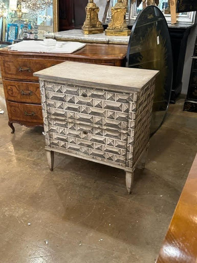 Handsome German painted Neo-classical style commode with interesting geometric pattern. Truly unique. An amazing piece! Note: There are 2 available. Sold separately.