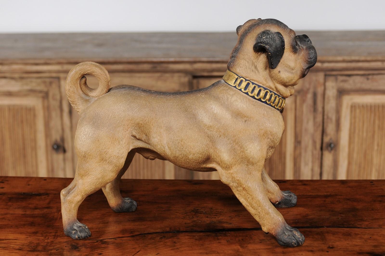 German Painted Terracotta Pug Sculpture with Playful Attitude and Gilt Collar 6