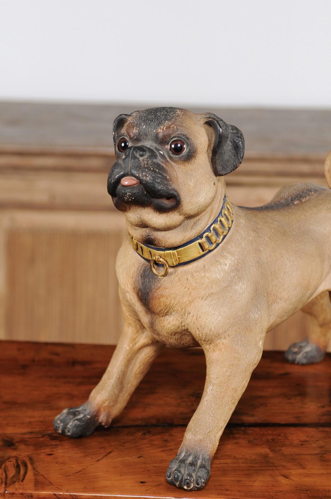 20th Century German Painted Terracotta Pug Sculpture with Playful Attitude and Gilt Collar