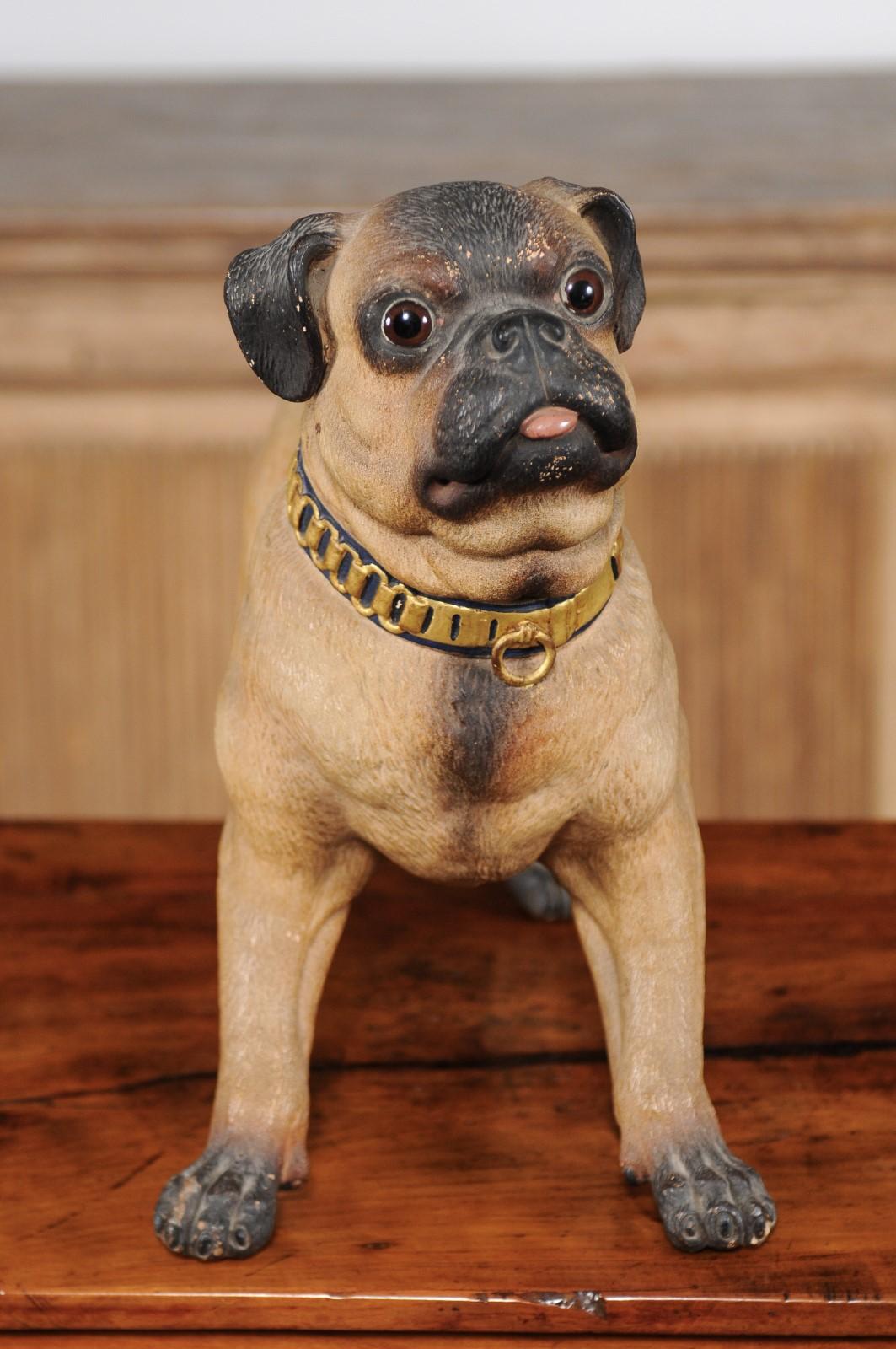 German Painted Terracotta Pug Sculpture with Playful Attitude and Gilt Collar 1