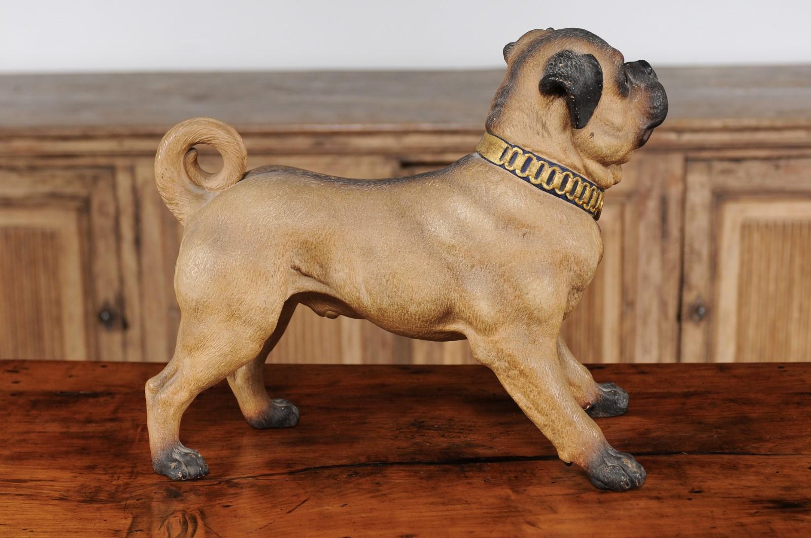 German Painted Terracotta Pug Sculpture with Playful Attitude and Gilt Collar 2
