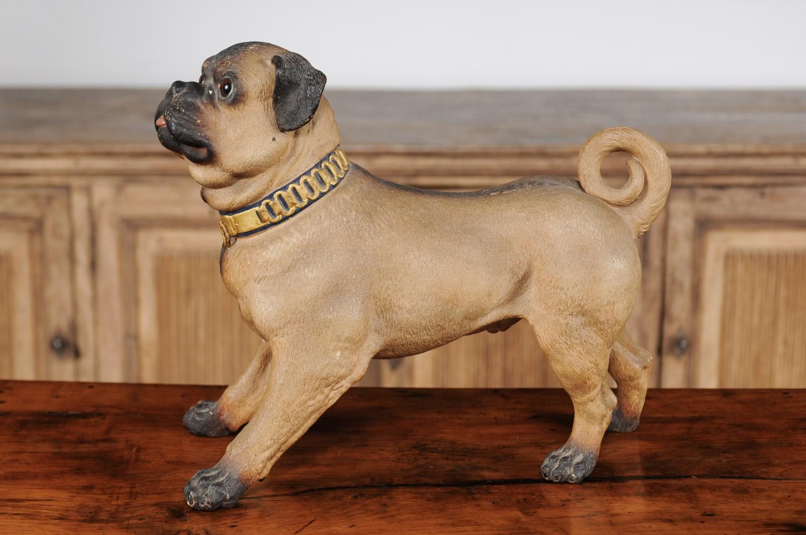 German Painted Terracotta Pug Sculpture with Playful Attitude and Gilt Collar 4