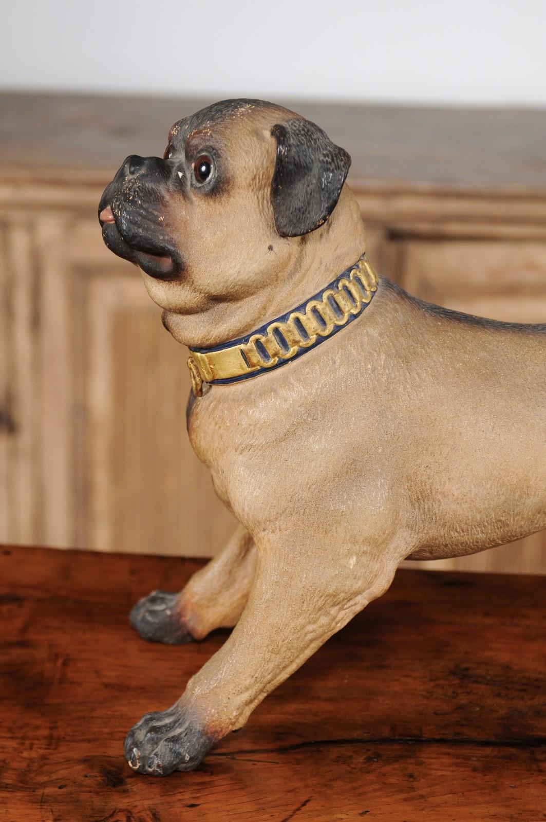 German Painted Terracotta Pug Sculpture with Playful Attitude and Gilt Collar 5