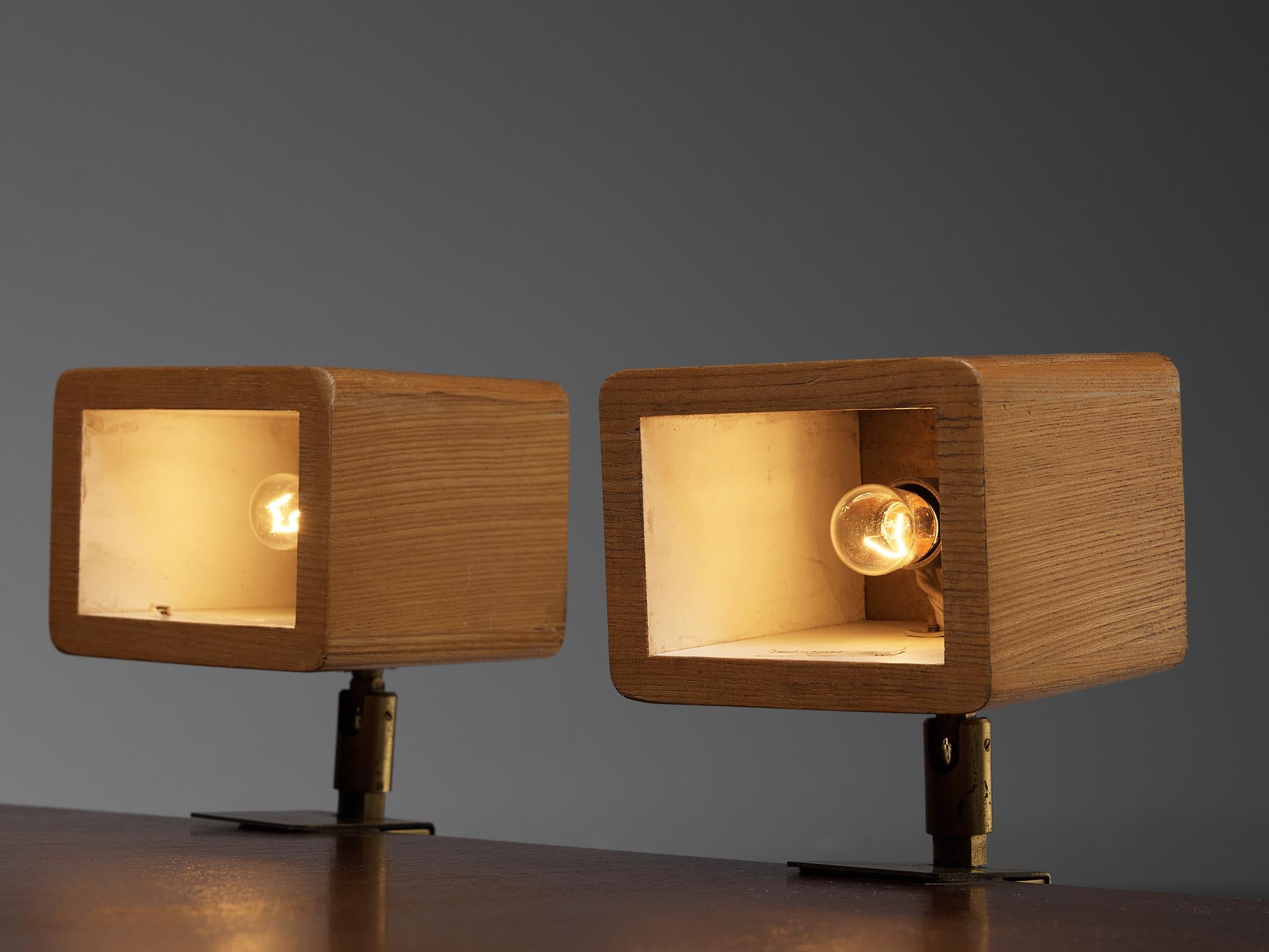 Mid-Century Modern German Pair of Mounted Wooden Desk Lamps with Brass