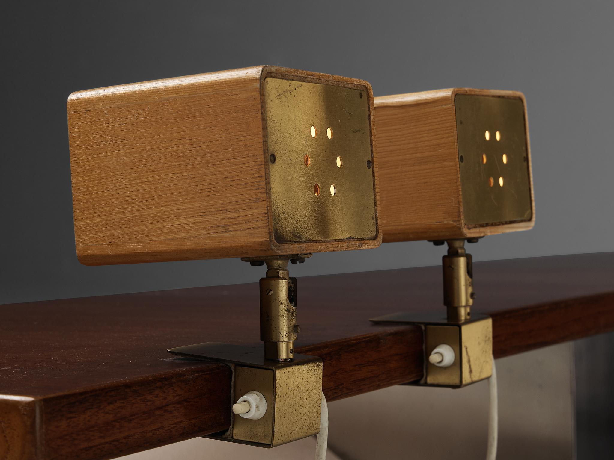 Veneer German Pair of Mounted Wooden Desk Lamps with Brass