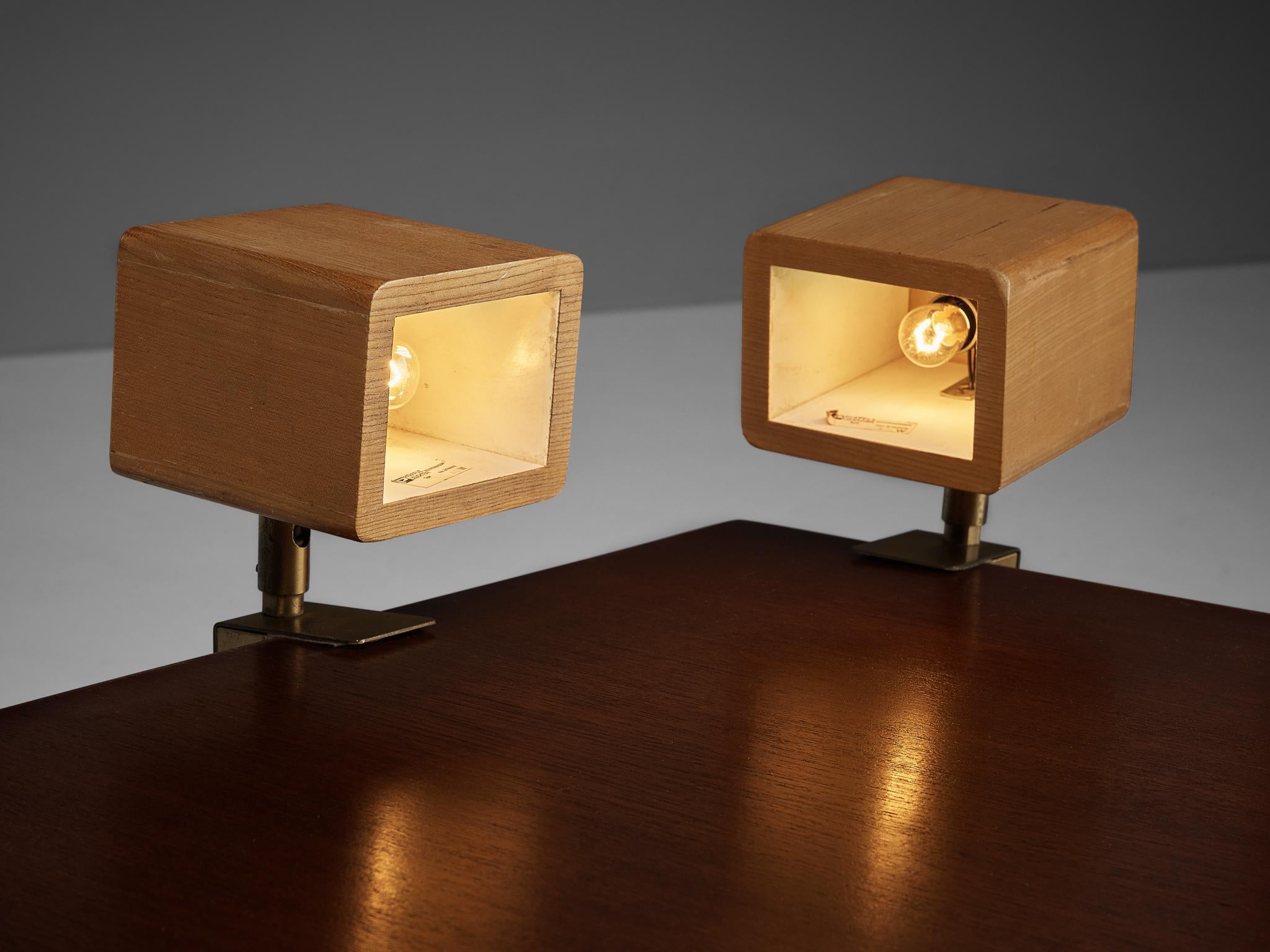 Mid-20th Century German Pair of Mounted Wooden Desk Lamps with Brass