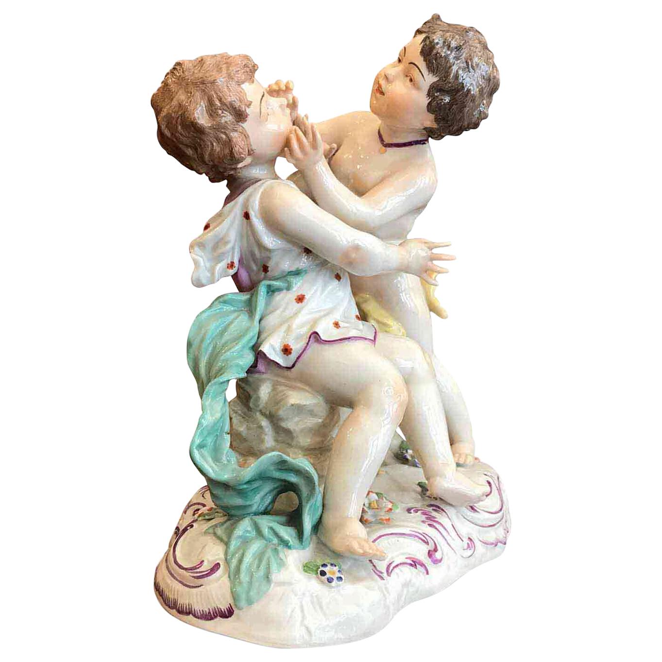 20th Century Hand Painted Porcelain Playing Putti Centerpiece German Passau   For Sale