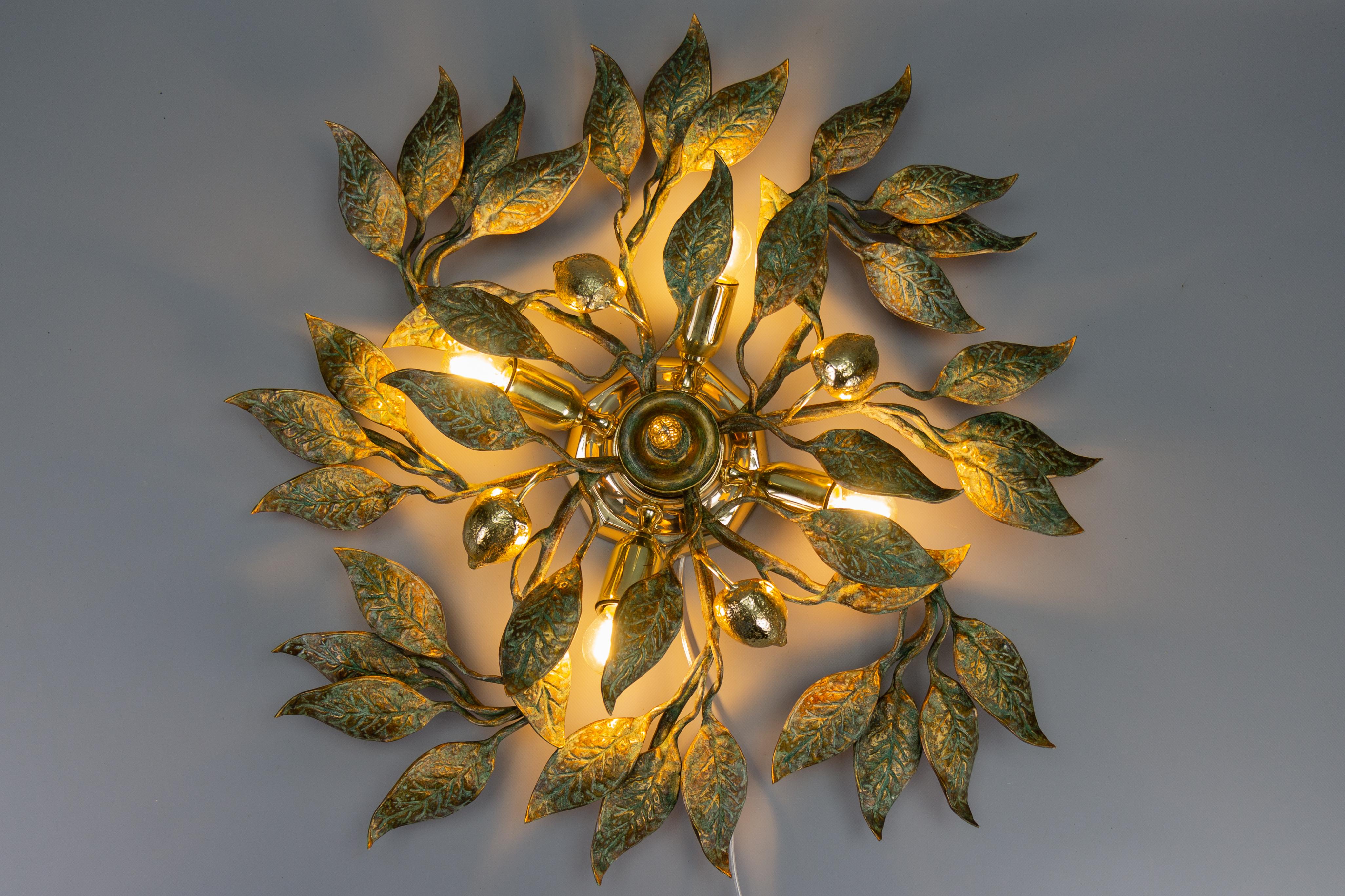 German Patinated Brass Foliage Sunburst Flush Mount attributed to Hans Möller In Good Condition For Sale In Barntrup, DE