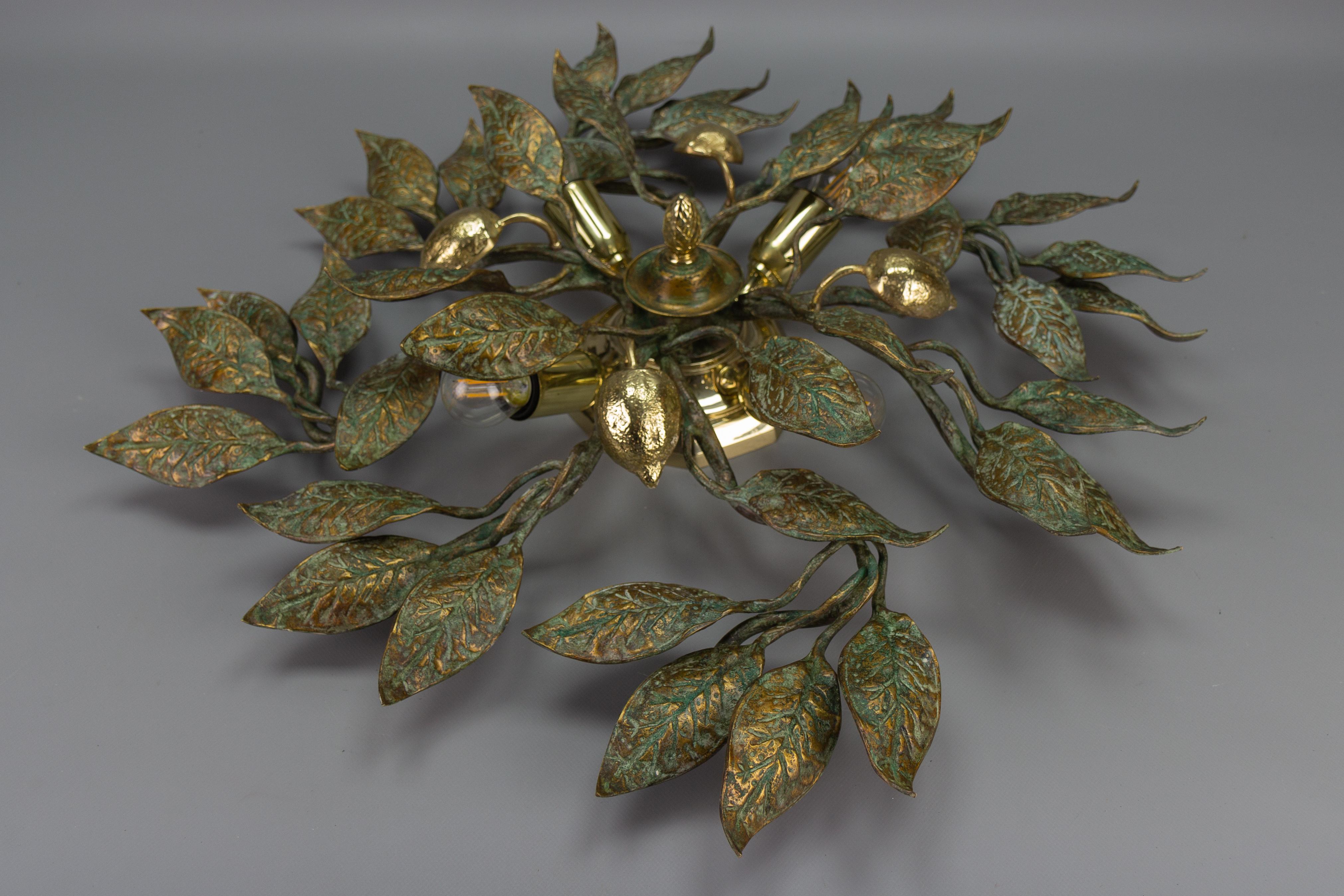 German Patinated Brass Foliage Sunburst Flush Mount attributed to Hans Möller For Sale 2