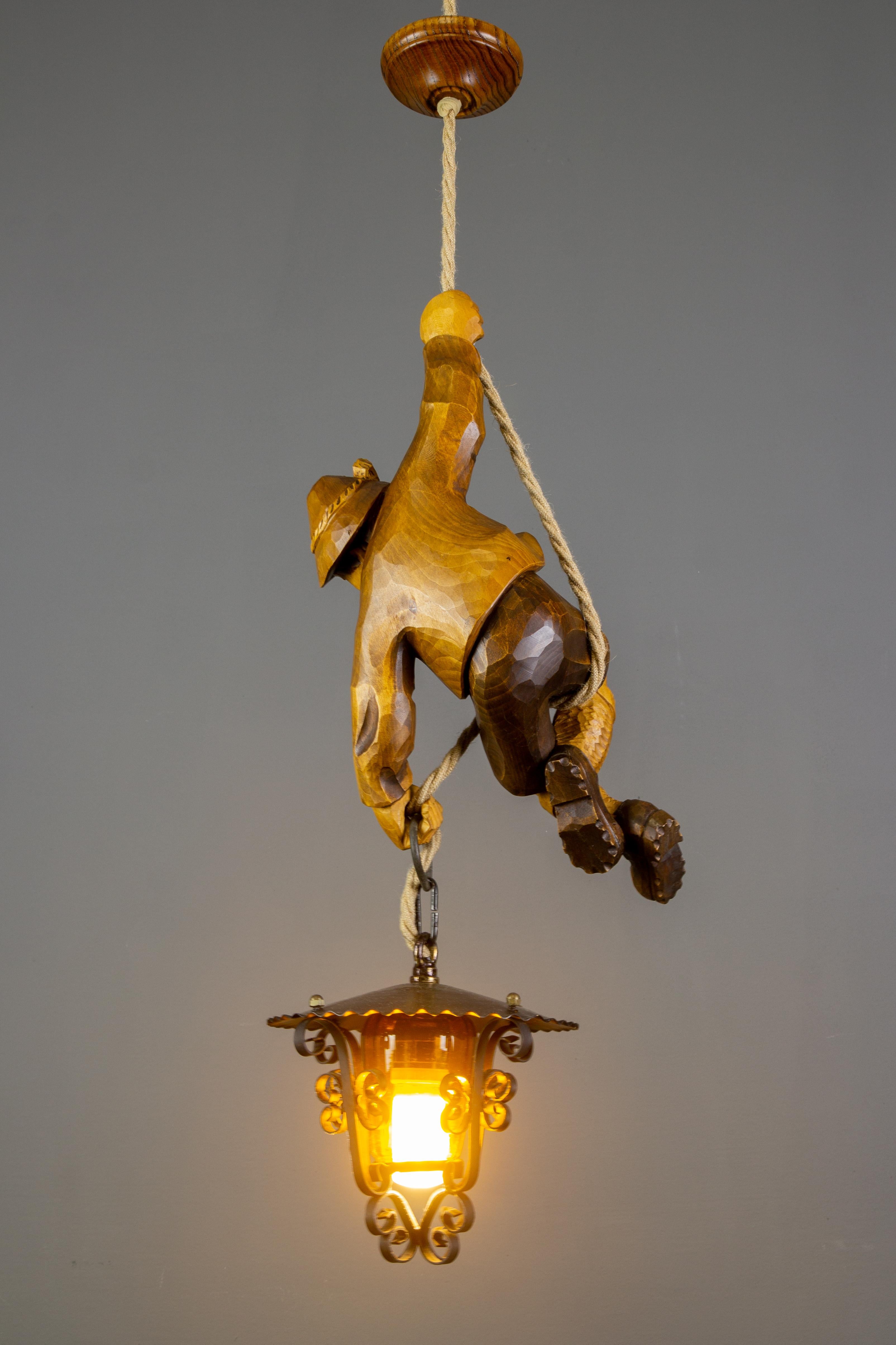 German Pendant Light Hand Carved Wood Figure Mountain Climber with Lantern 2