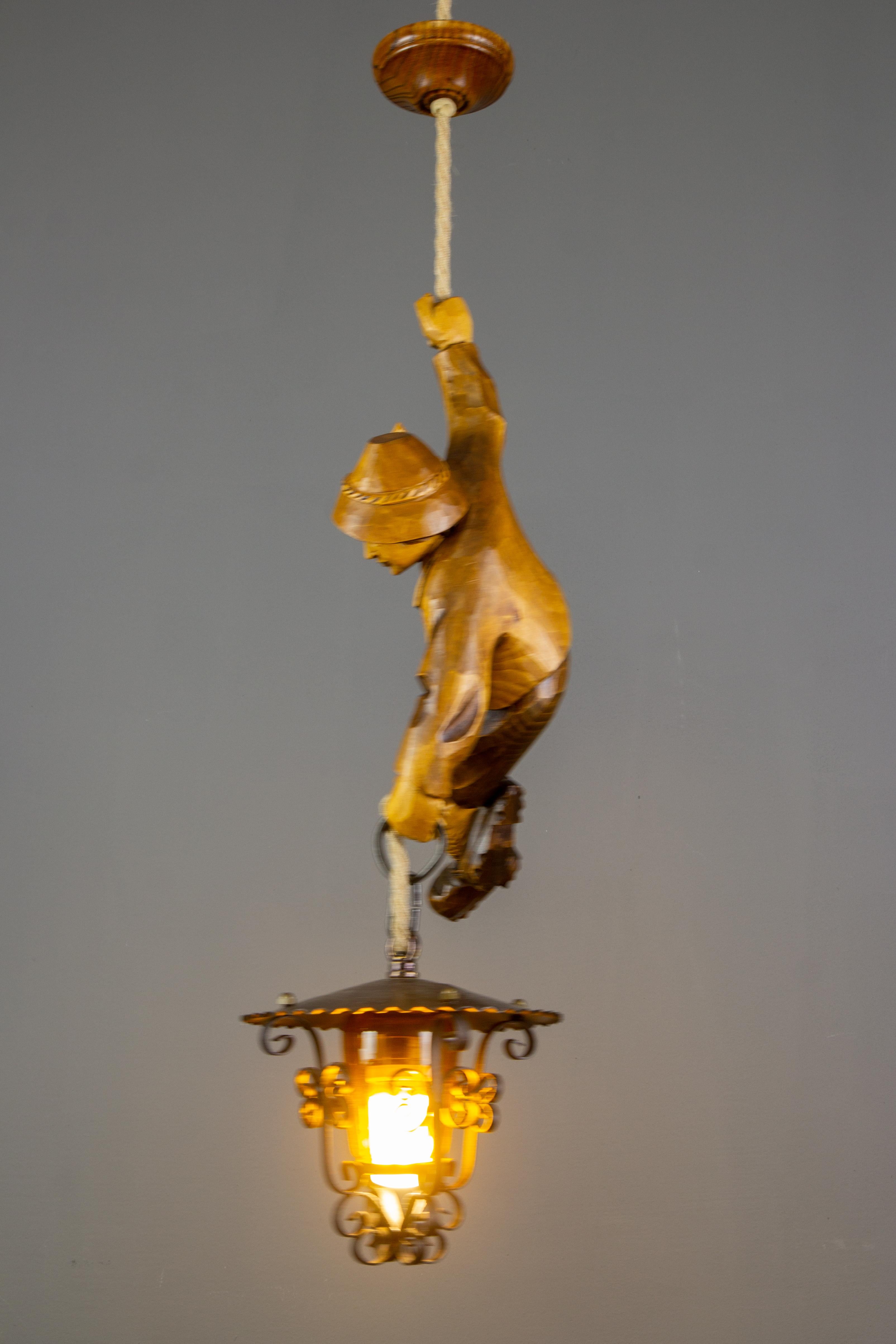 German Pendant Light Hand Carved Wood Figure Mountain Climber with Lantern 3