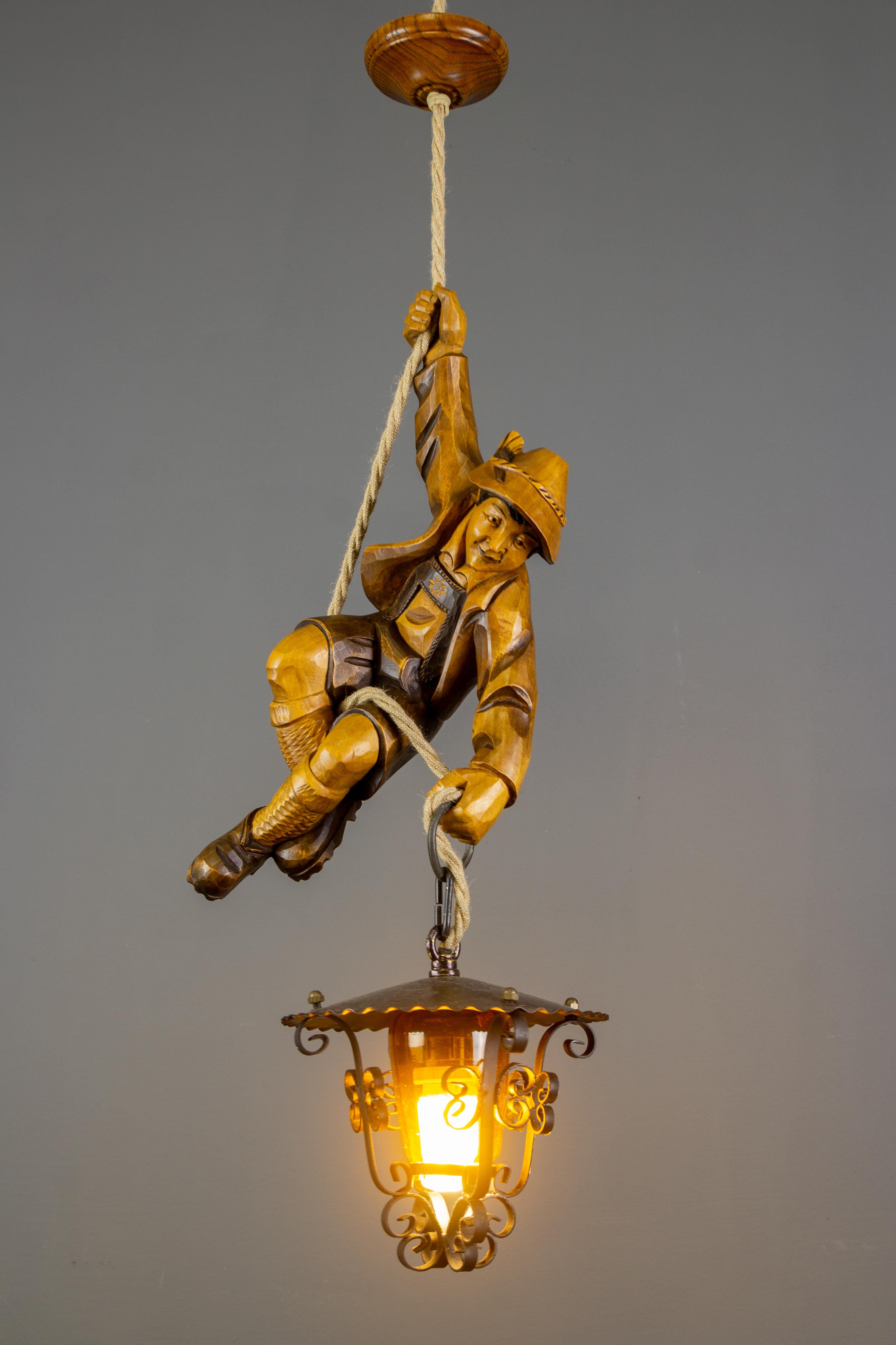German Pendant Light Hand Carved Wood Figure Mountain Climber with Lantern 4