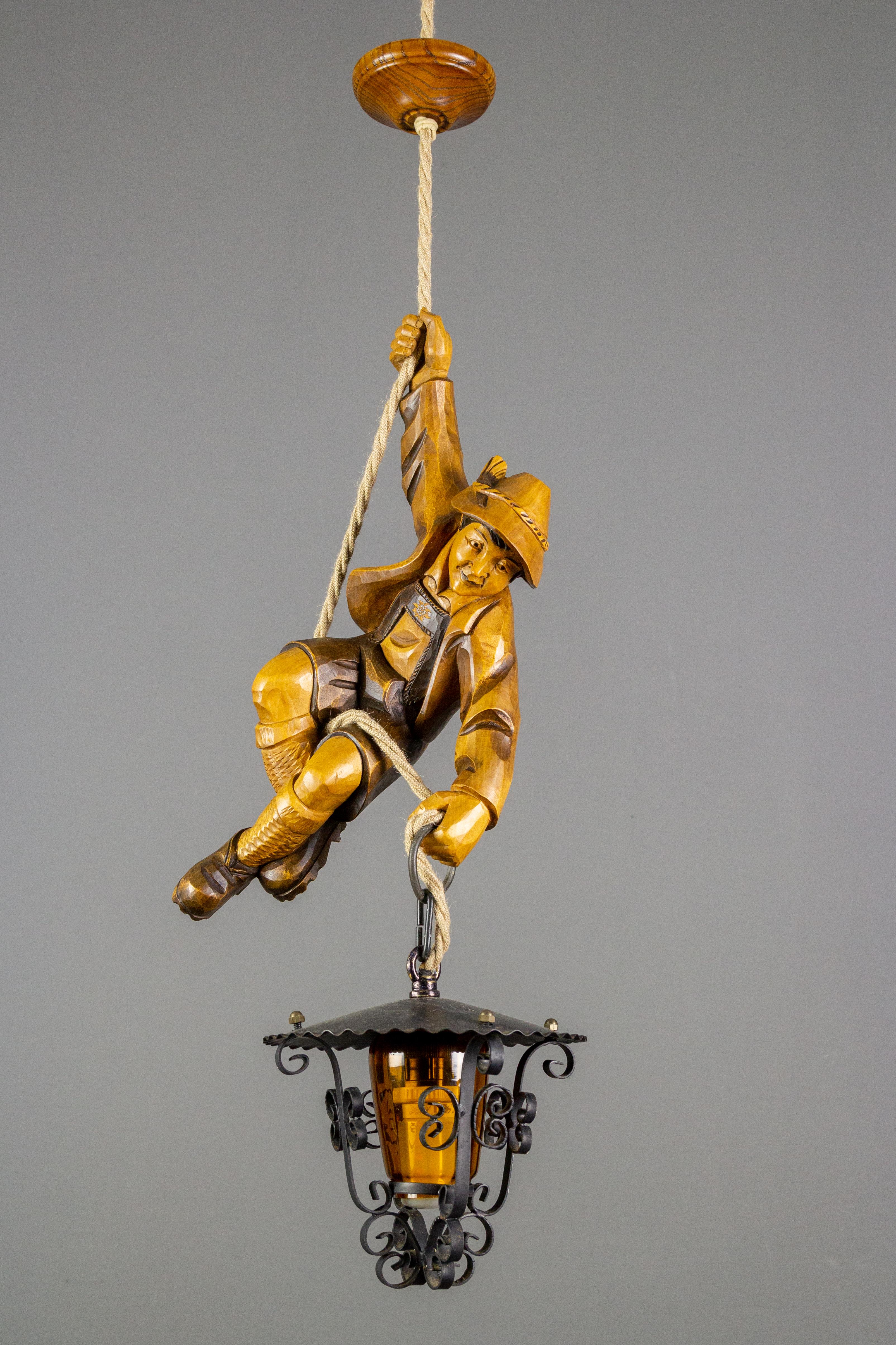 German Pendant Light Hand Carved Wood Figure Mountain Climber with Lantern 5