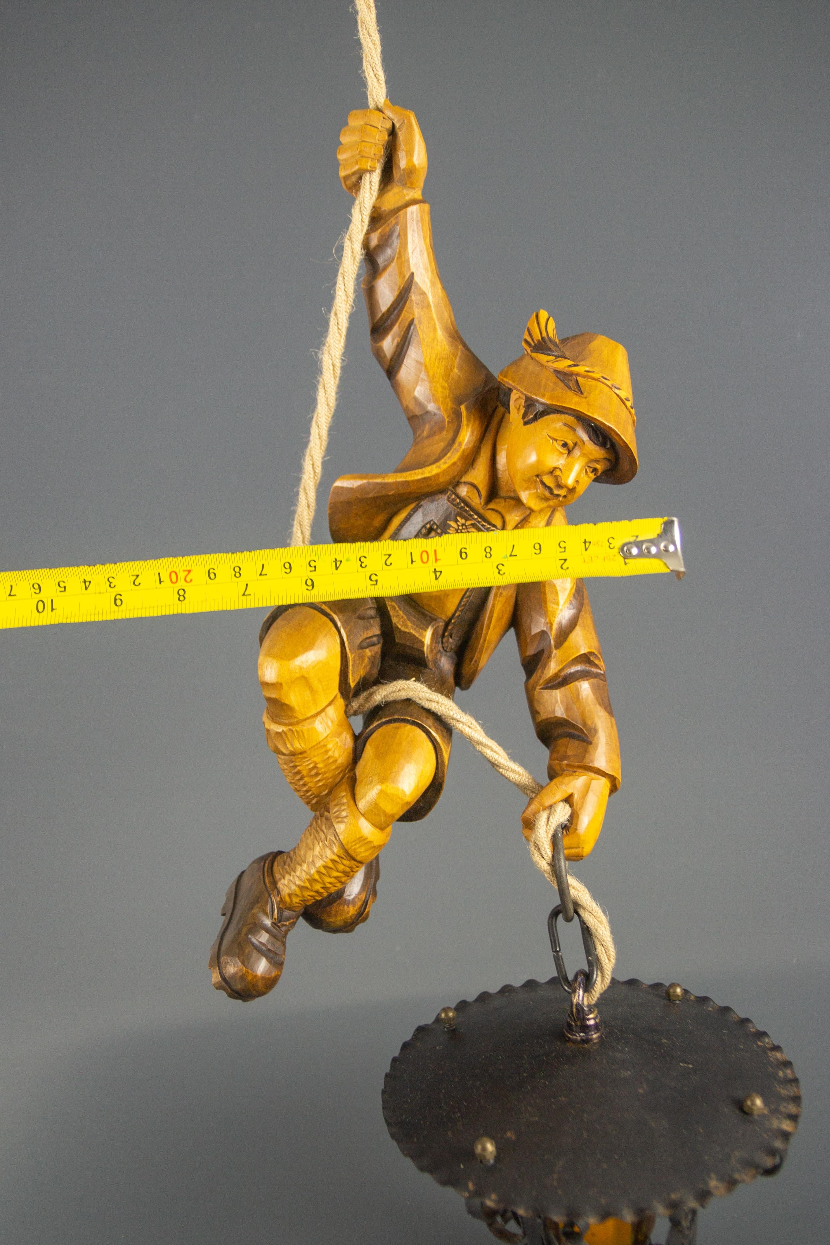 German Pendant Light Hand Carved Wood Figure Mountain Climber with Lantern 7