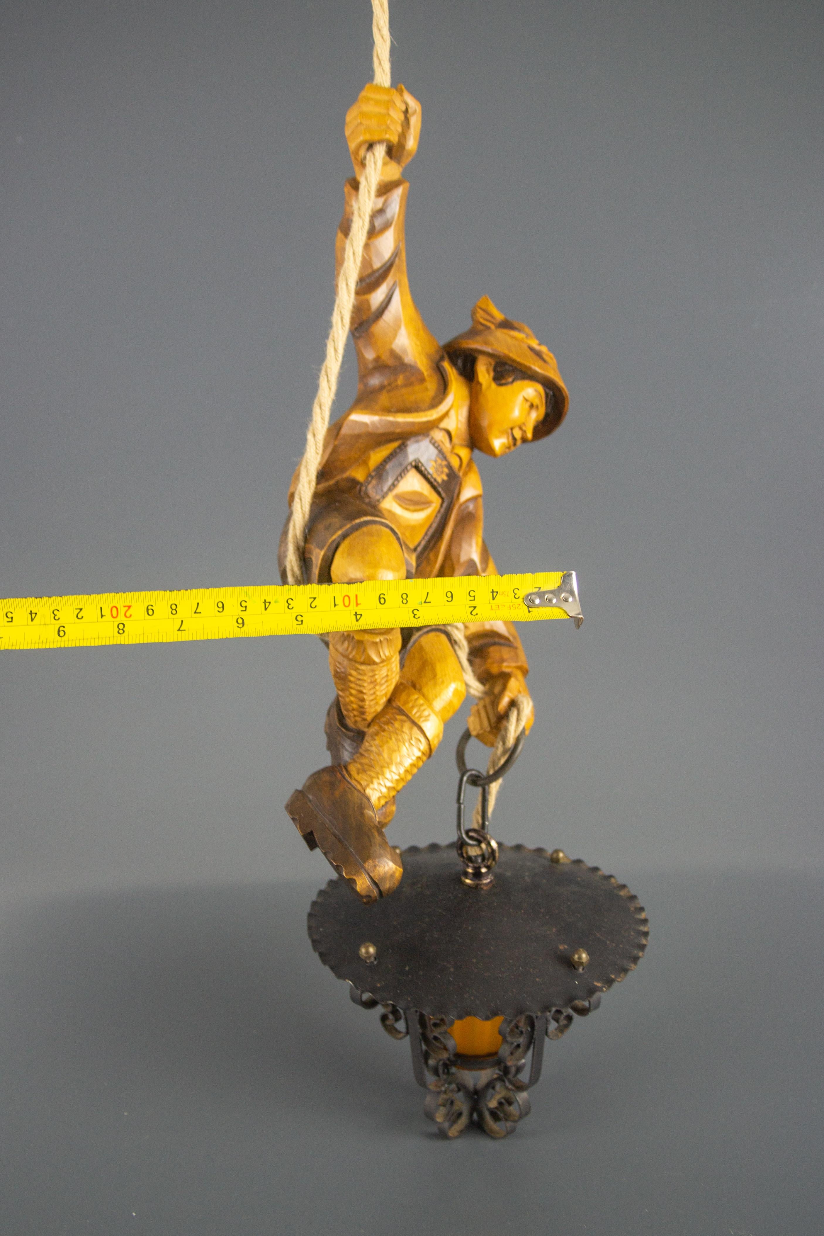 German Pendant Light Hand Carved Wood Figure Mountain Climber with Lantern 8