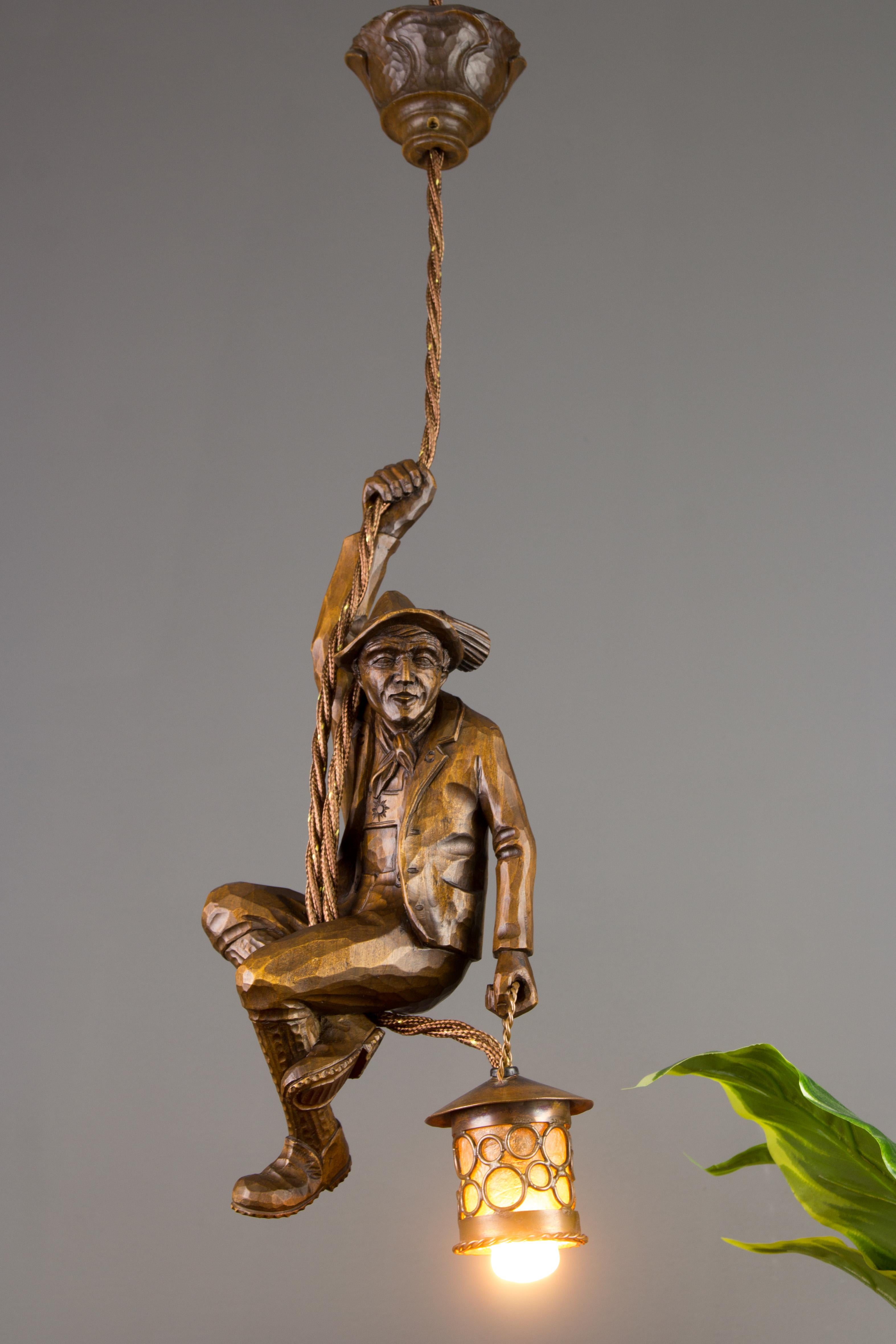 German Pendant Light Hand Carved Wood Figure Mountain Climber with Lantern For Sale 11