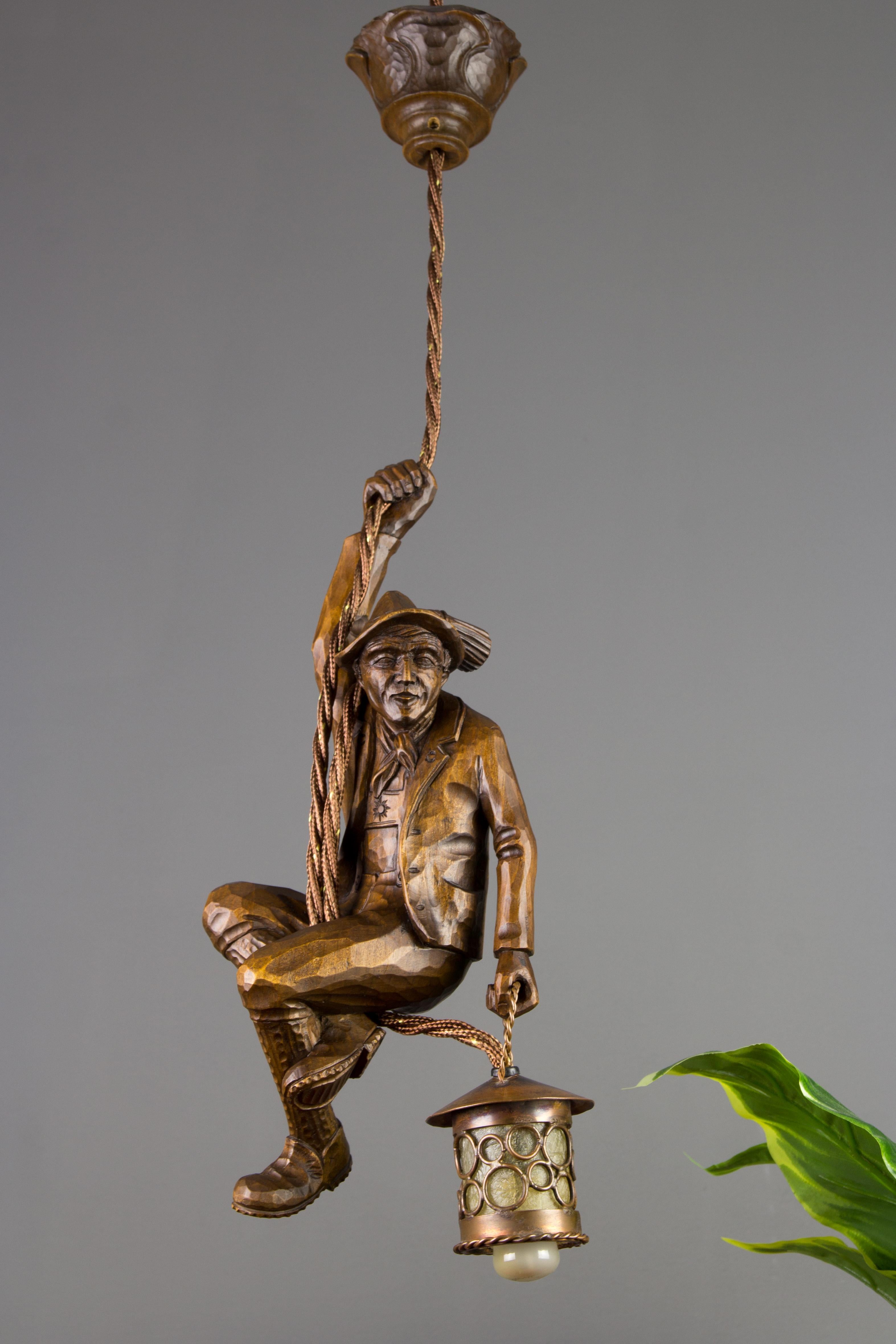 German Pendant Light Hand Carved Wood Figure Mountain Climber with Lantern For Sale 12