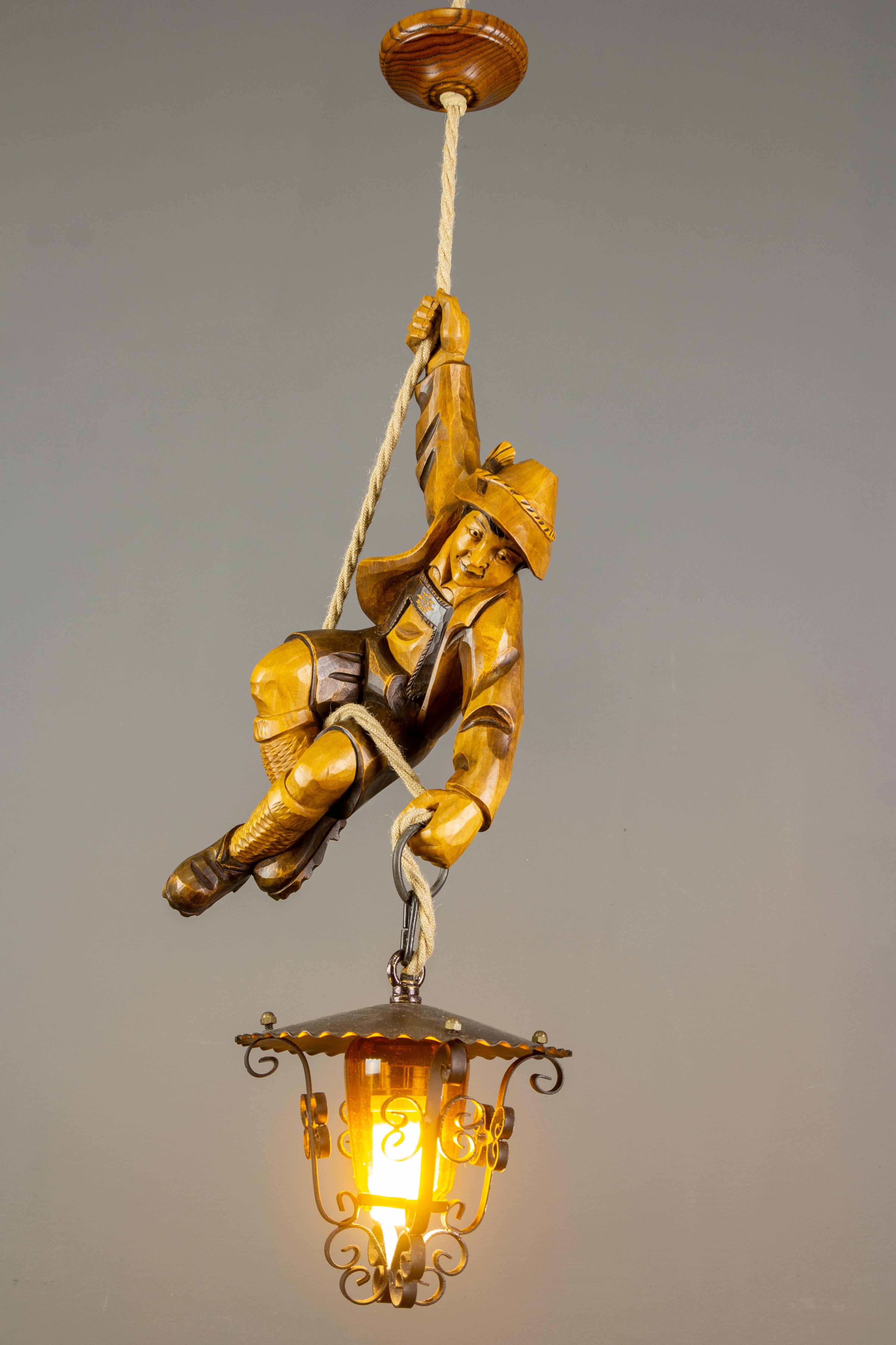 Hand-Carved German Pendant Light Hand Carved Wood Figure Mountain Climber with Lantern