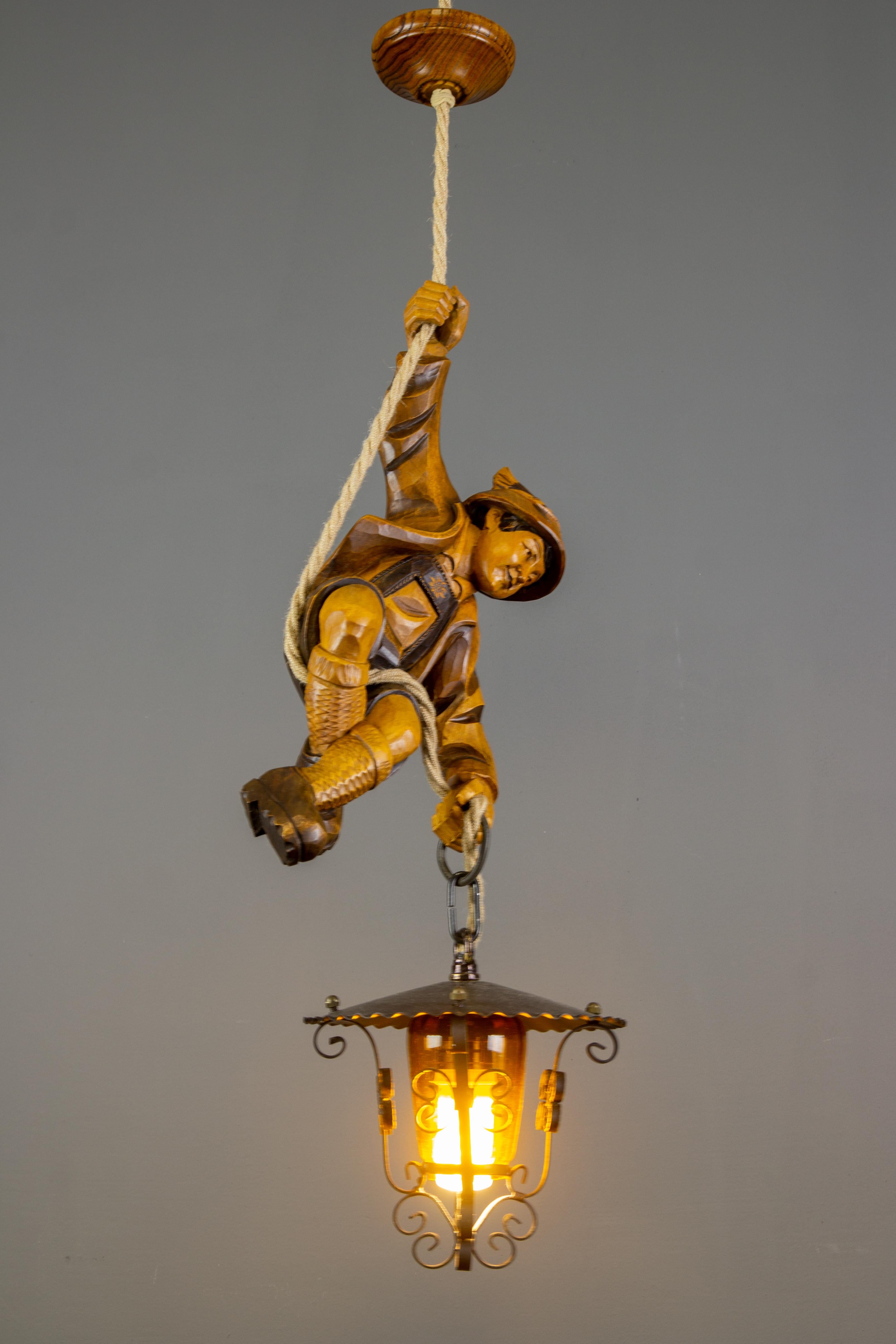 German Pendant Light Hand Carved Wood Figure Mountain Climber with Lantern In Good Condition In Barntrup, DE