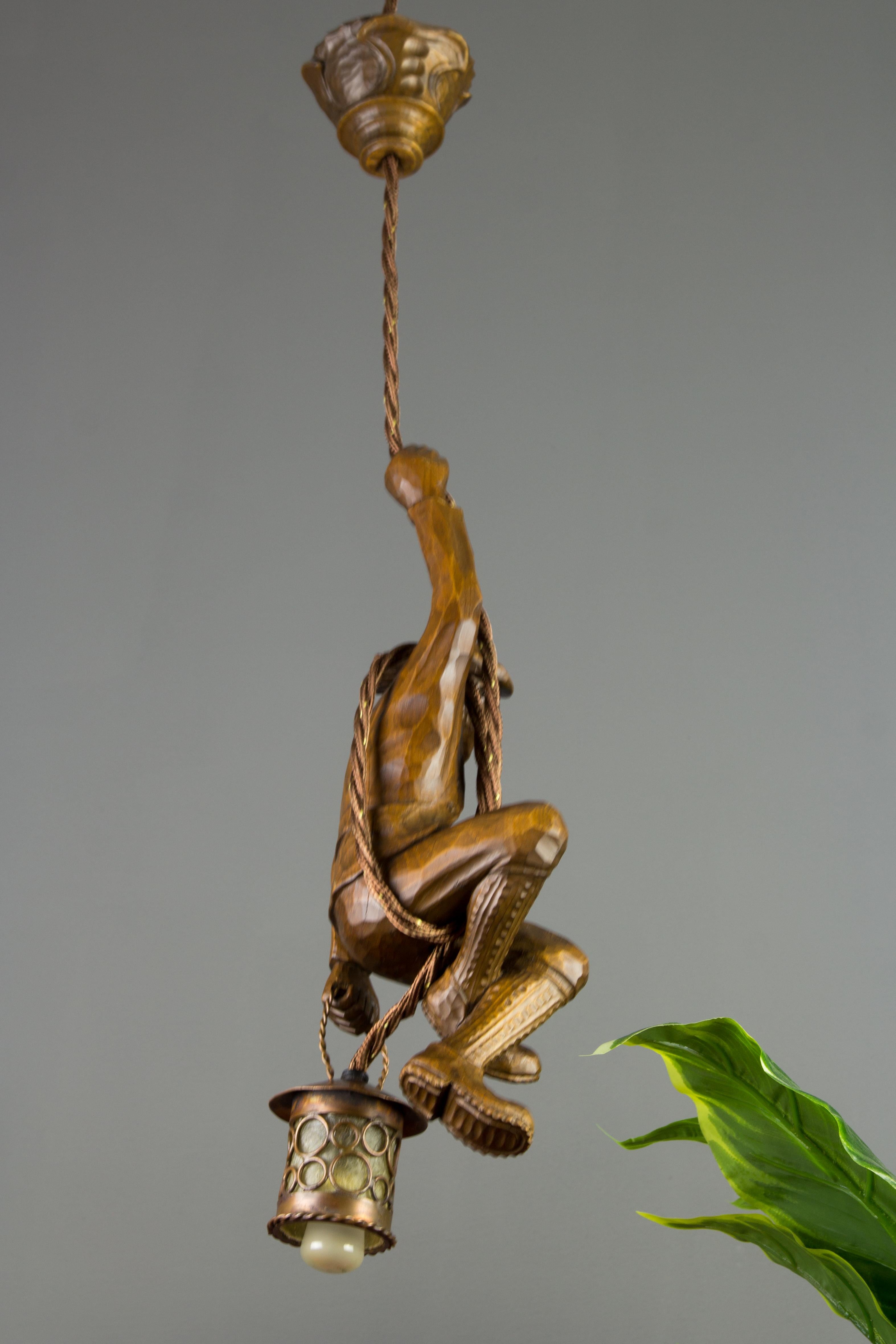 German Pendant Light Hand Carved Wood Figure Mountain Climber with Lantern In Good Condition For Sale In Barntrup, DE