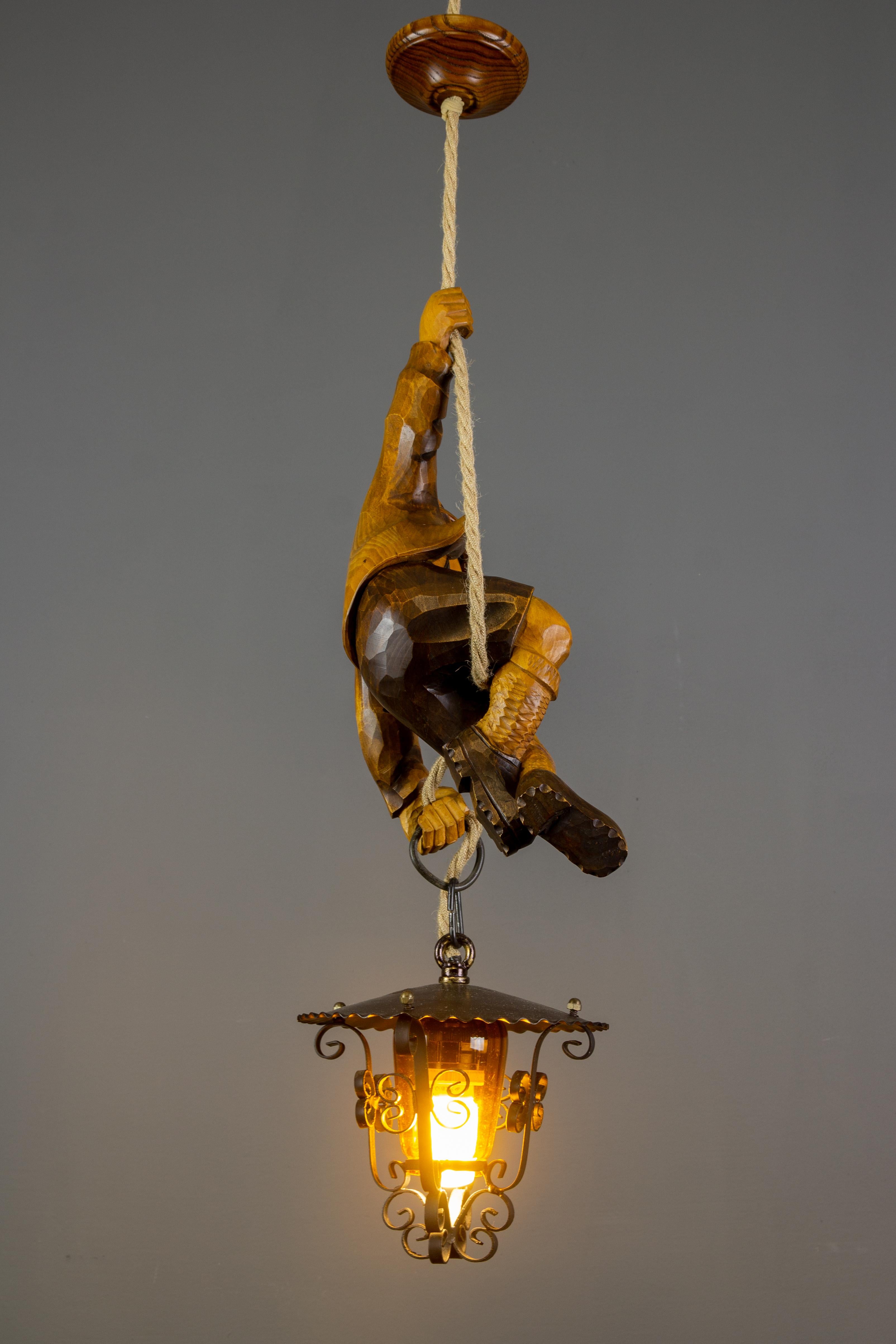 Metal German Pendant Light Hand Carved Wood Figure Mountain Climber with Lantern