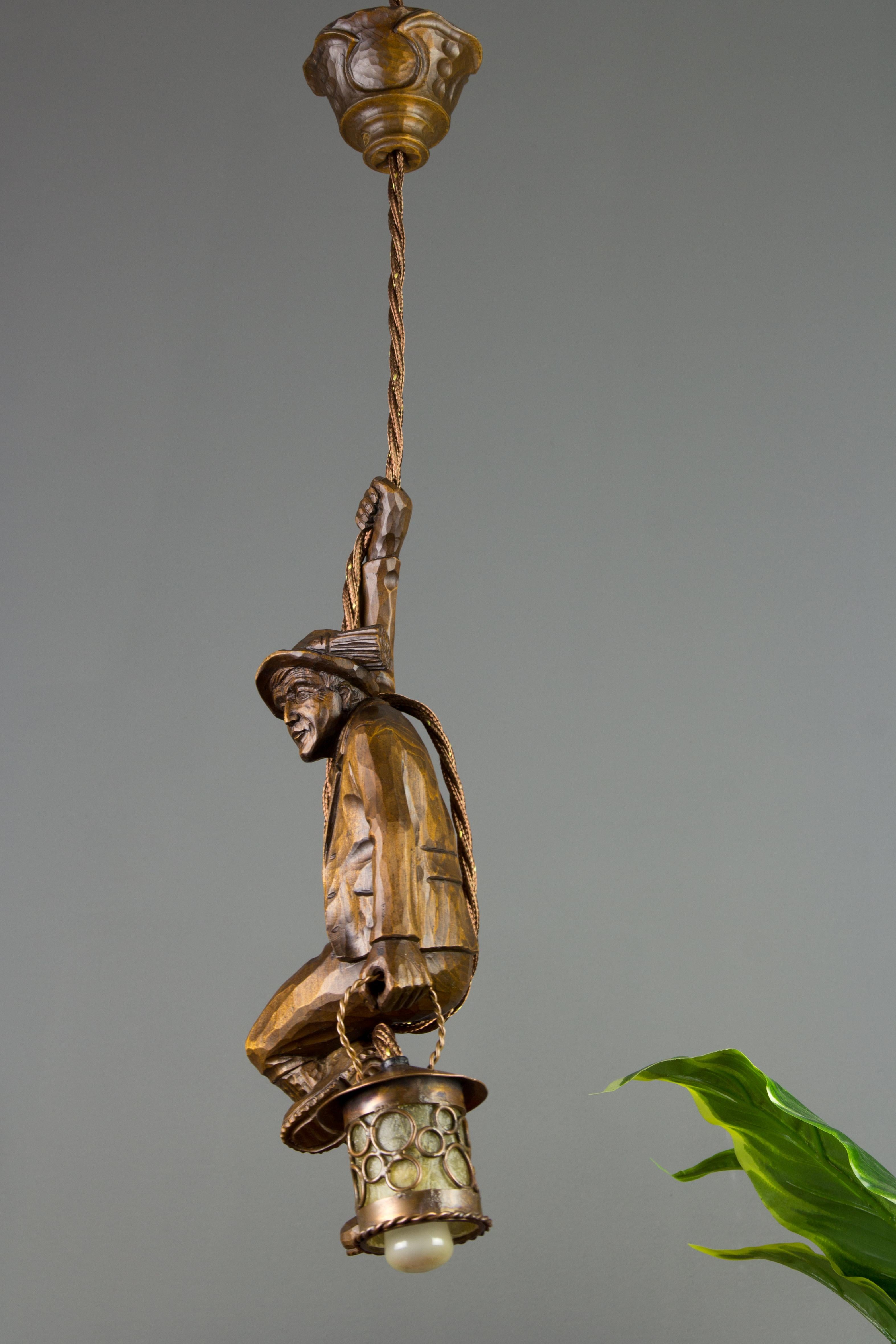 German Pendant Light Hand Carved Wood Figure Mountain Climber with Lantern For Sale 1