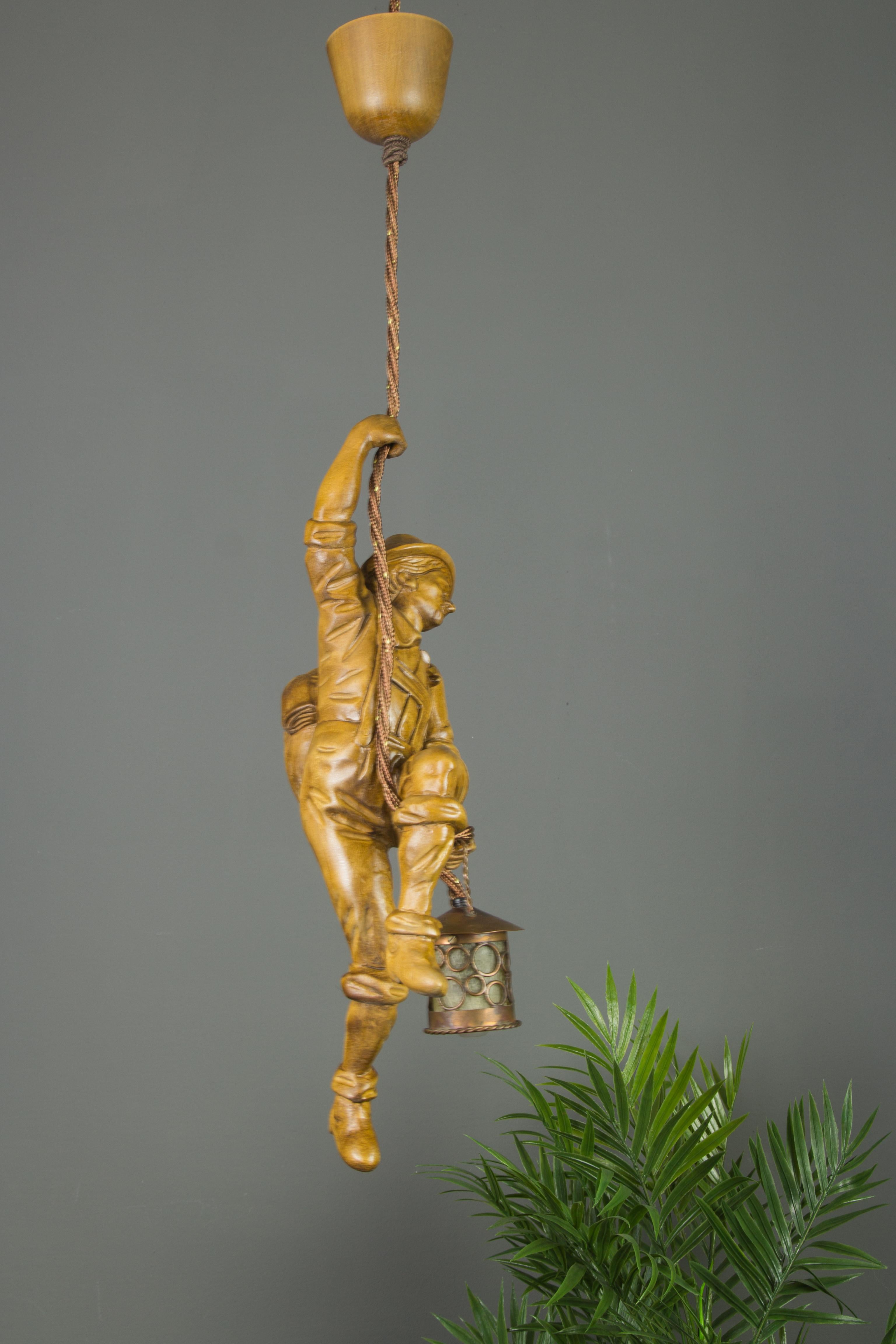 German Pendant Light Hand Carved Wood Figure Mountaineer Climber with Lantern 4