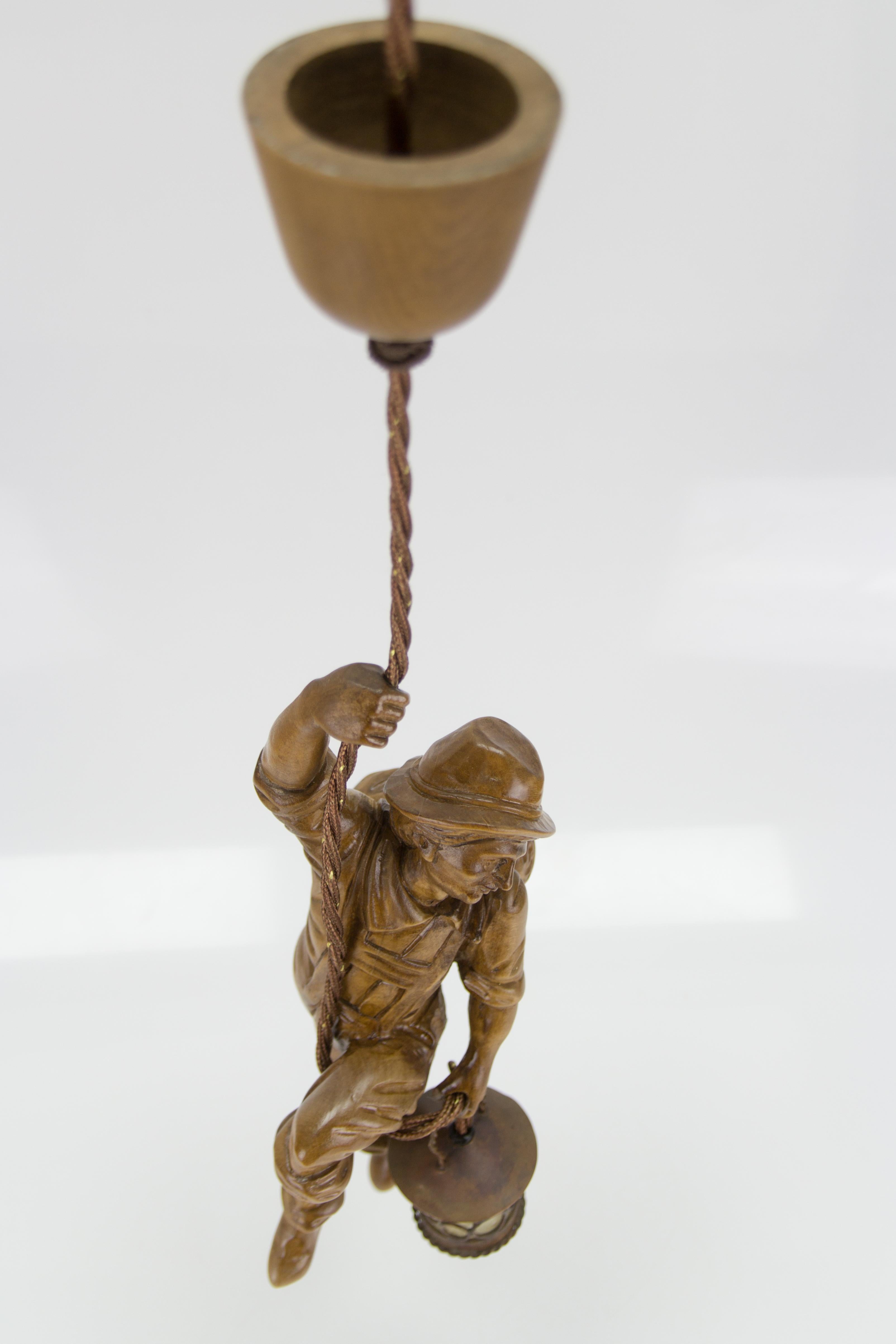 German Pendant Light Hand Carved Wood Figure Mountaineer Climber with Lantern 5