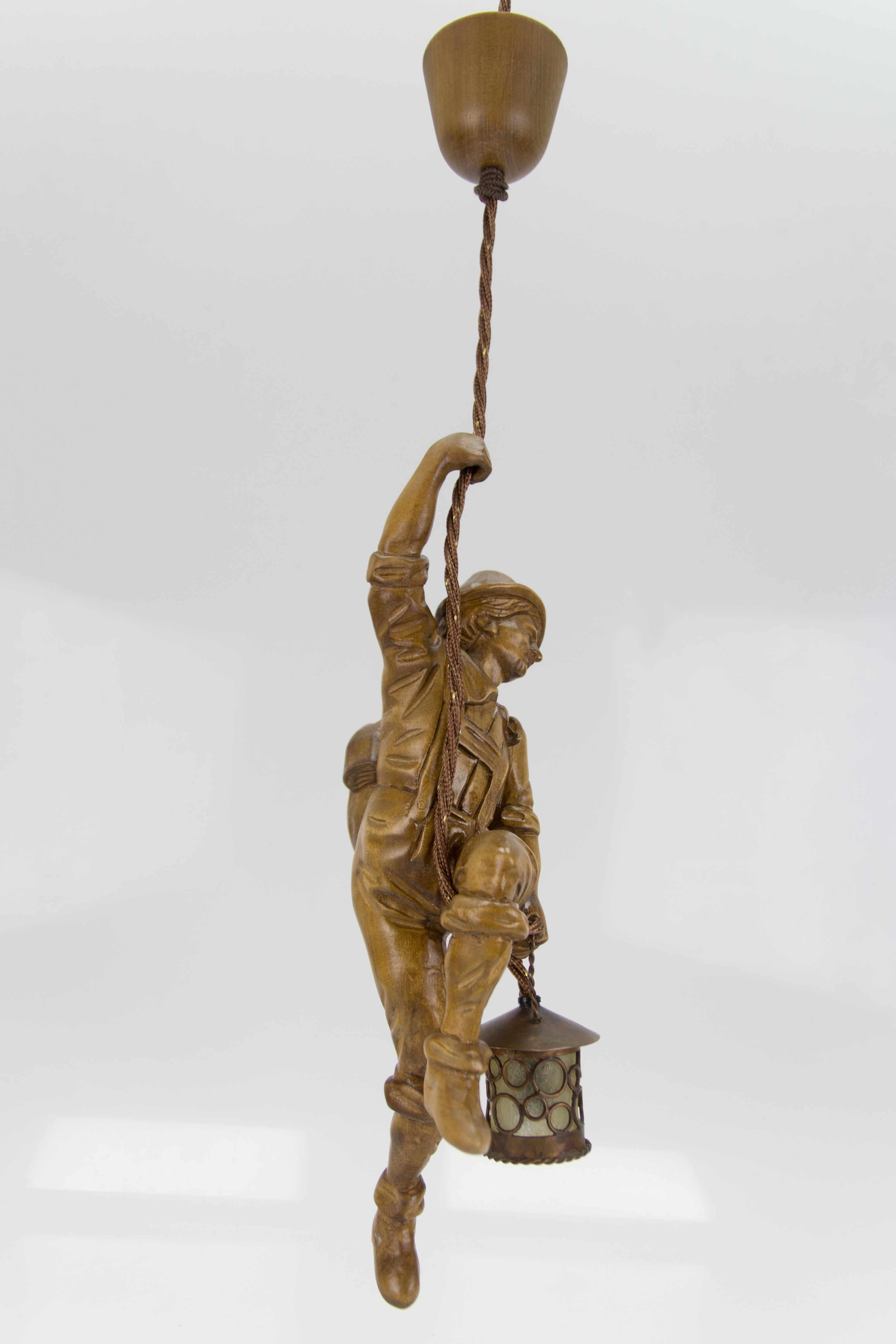 German Pendant Light Hand Carved Wood Figure Mountaineer Climber with Lantern 6