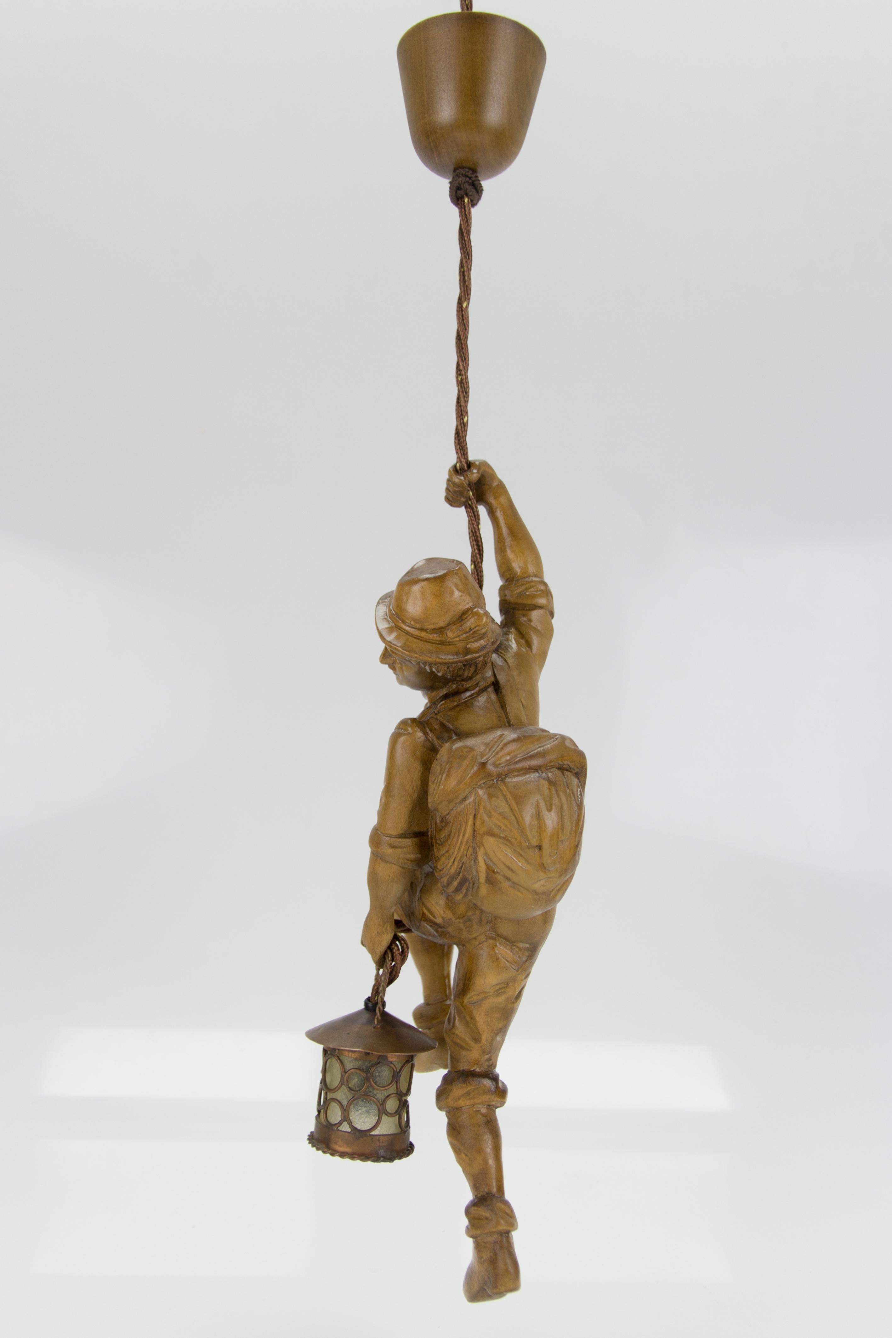 German Pendant Light Hand Carved Wood Figure Mountaineer Climber with Lantern 8
