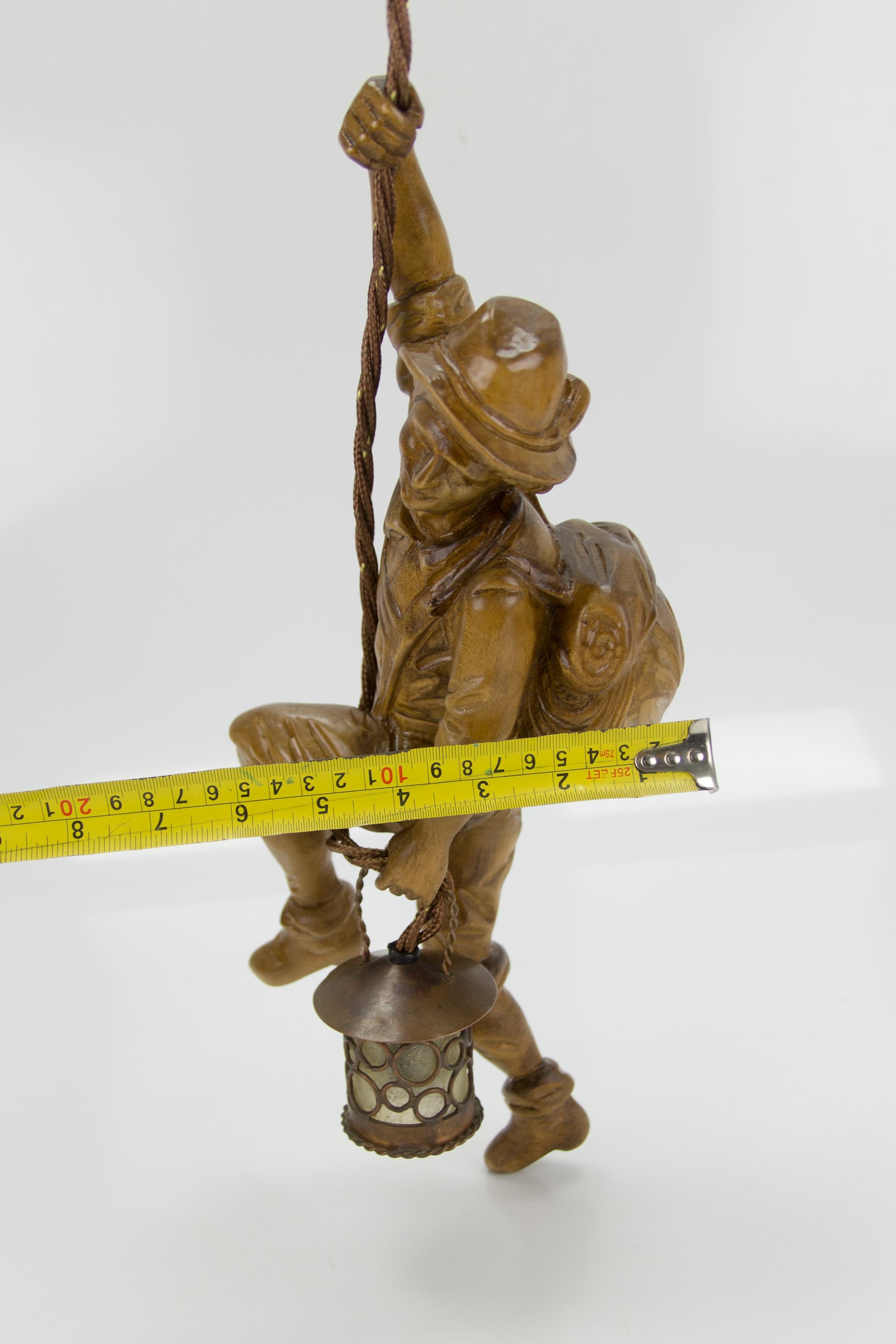 German Pendant Light Hand Carved Wood Figure Mountaineer Climber with Lantern 10