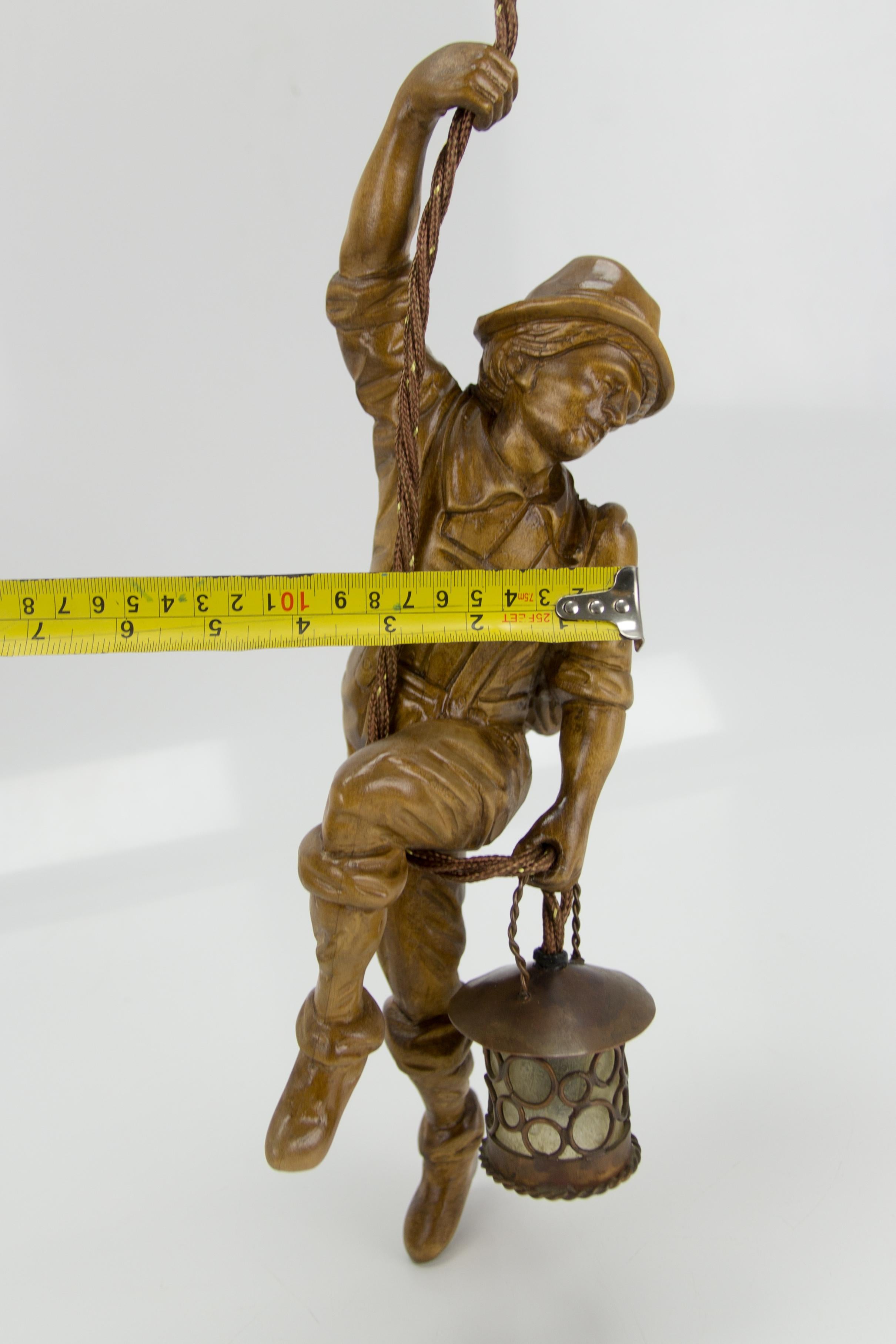 German Pendant Light Hand Carved Wood Figure Mountaineer Climber with Lantern 11