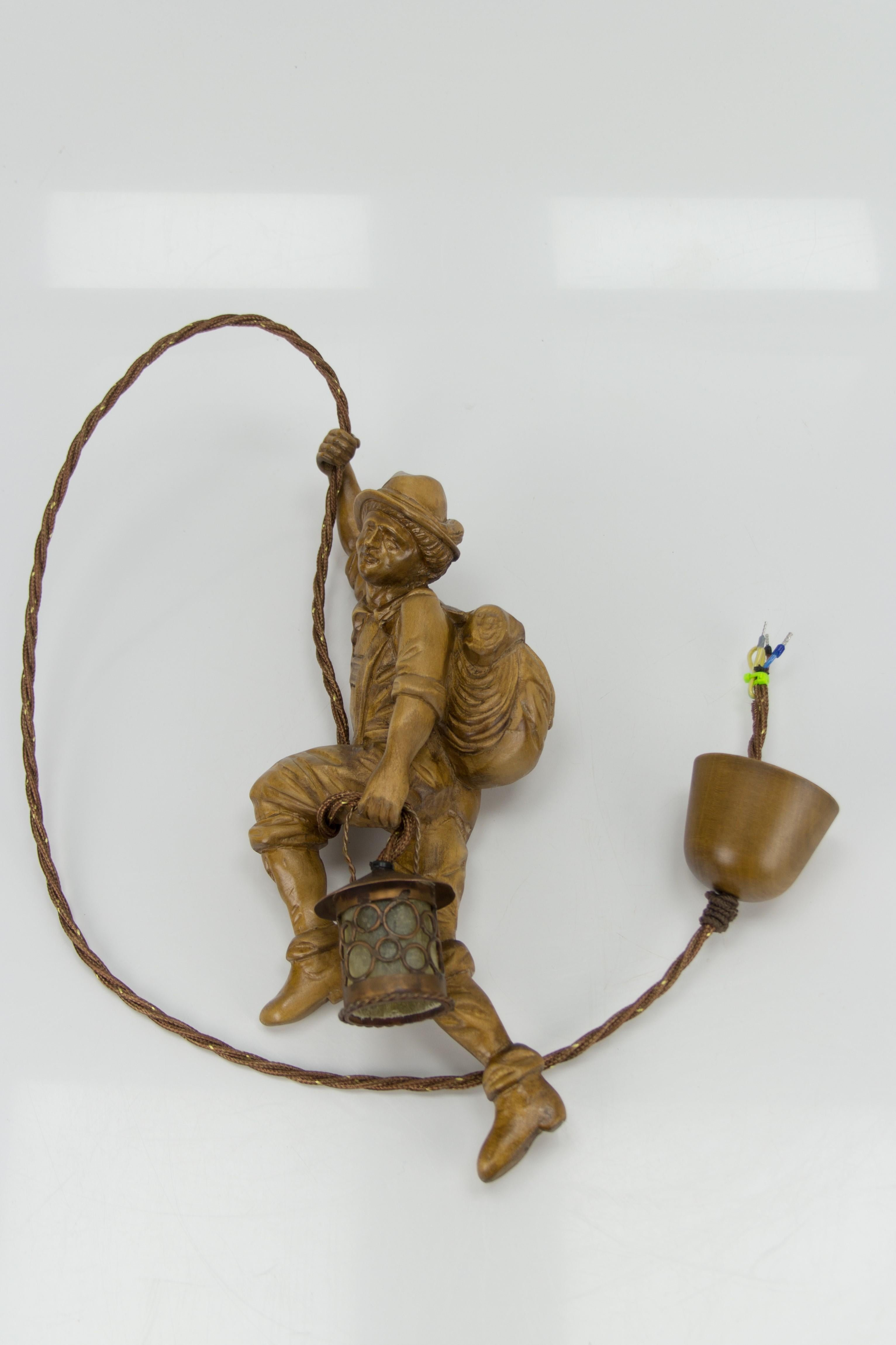 German Pendant Light Hand Carved Wood Figure Mountaineer Climber with Lantern 13