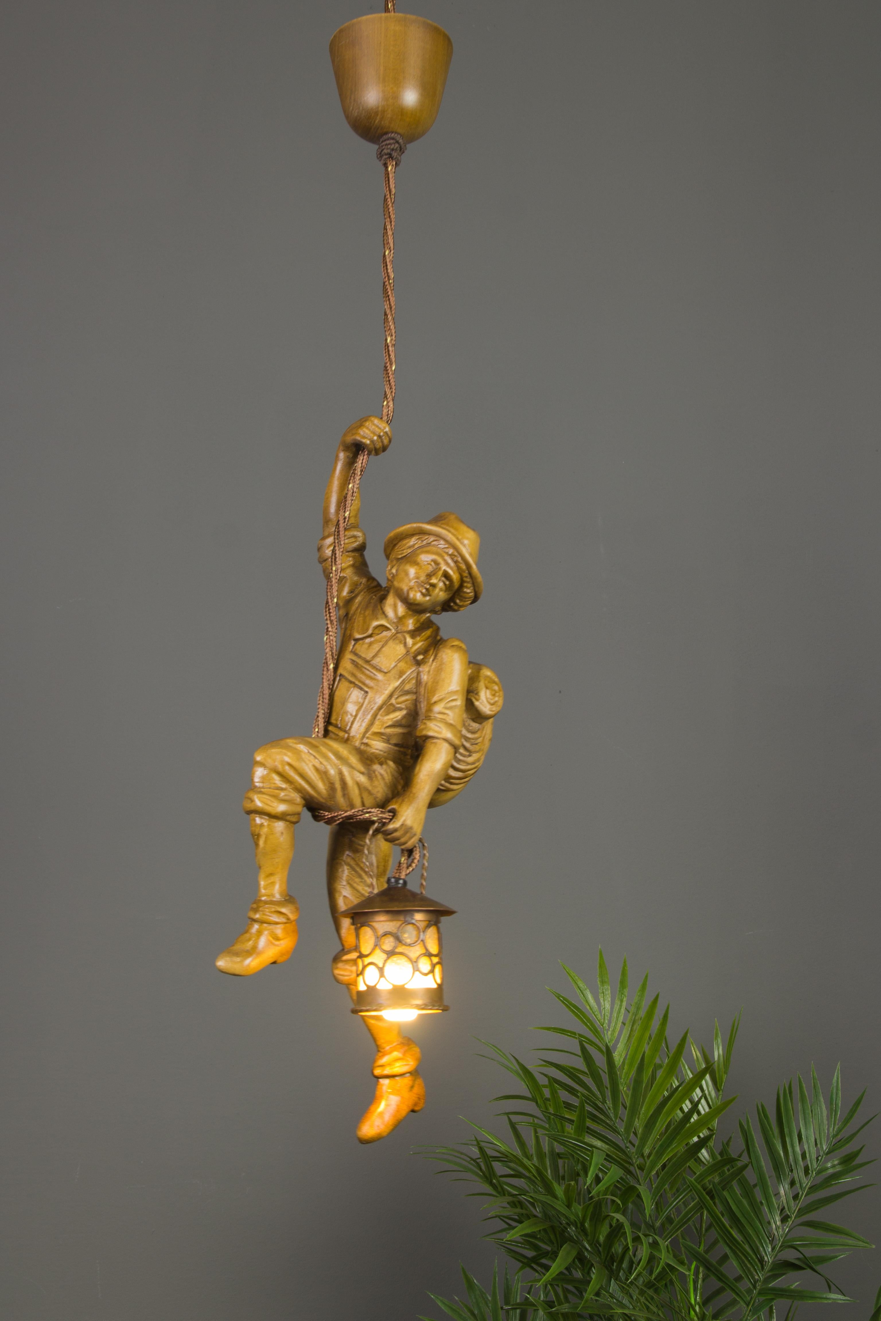 Black Forest German Pendant Light Hand Carved Wood Figure Mountaineer Climber with Lantern