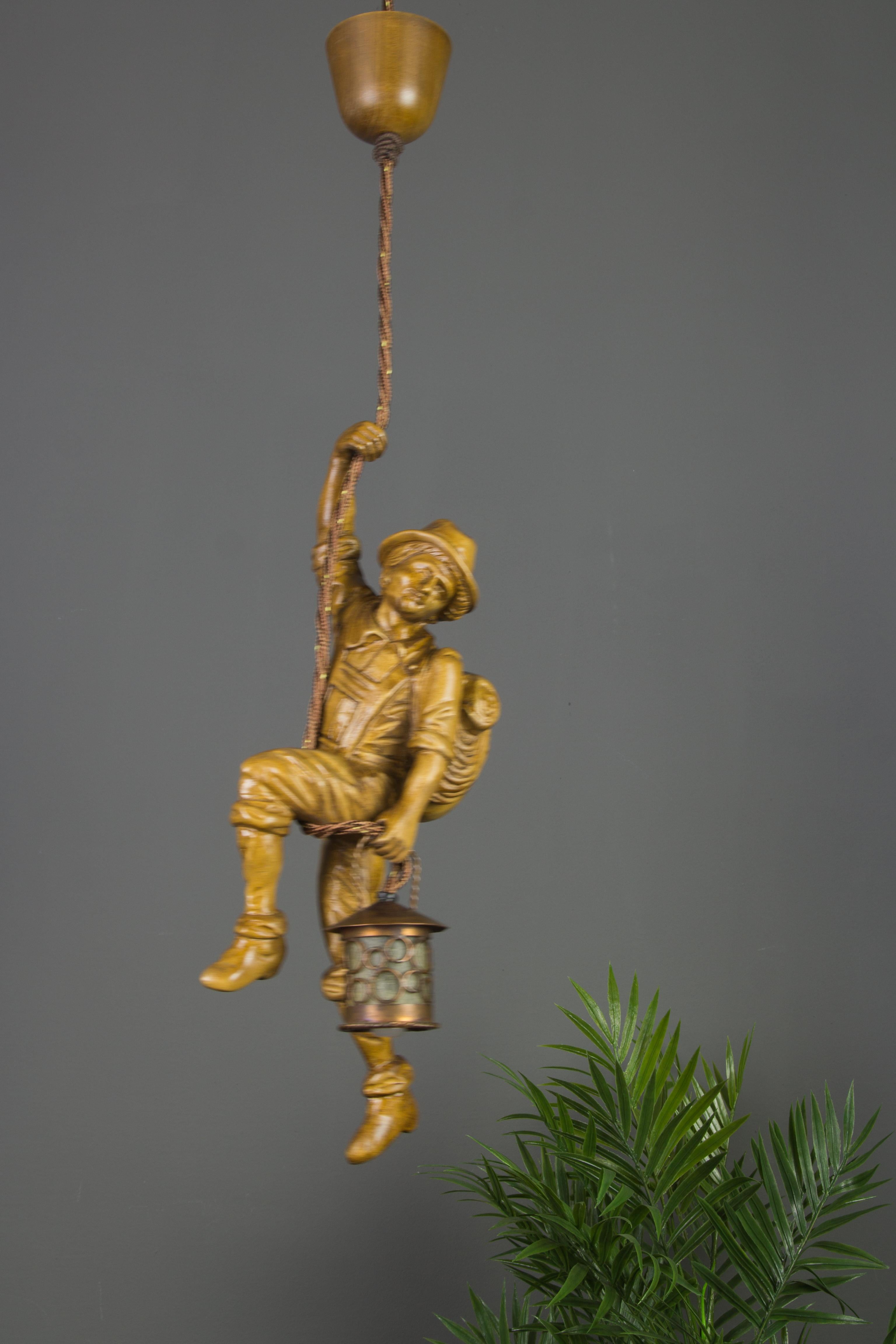 Hand-Carved German Pendant Light Hand Carved Wood Figure Mountaineer Climber with Lantern