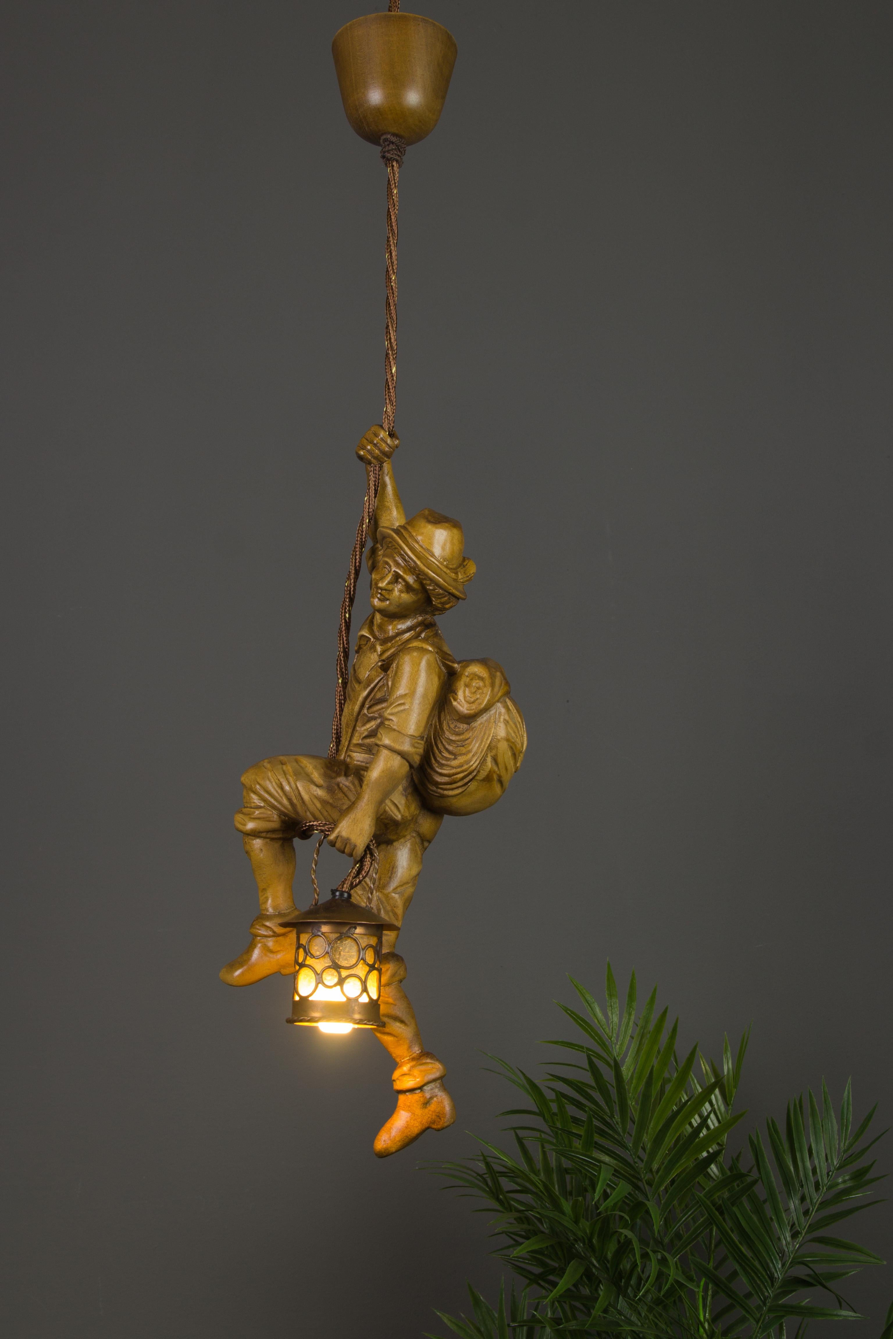 German Pendant Light Hand Carved Wood Figure Mountaineer Climber with Lantern In Good Condition In Barntrup, DE