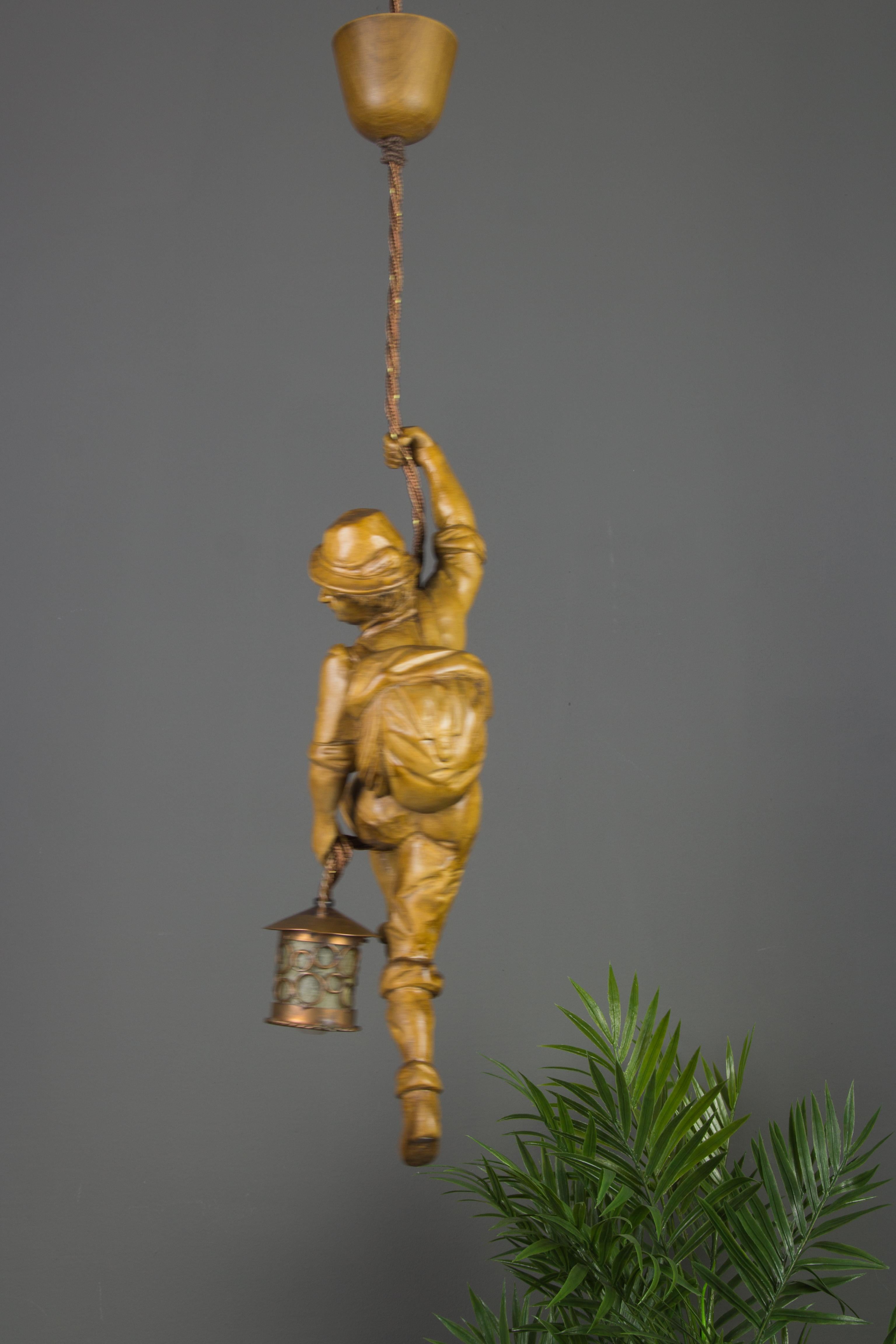Mid-20th Century German Pendant Light Hand Carved Wood Figure Mountaineer Climber with Lantern