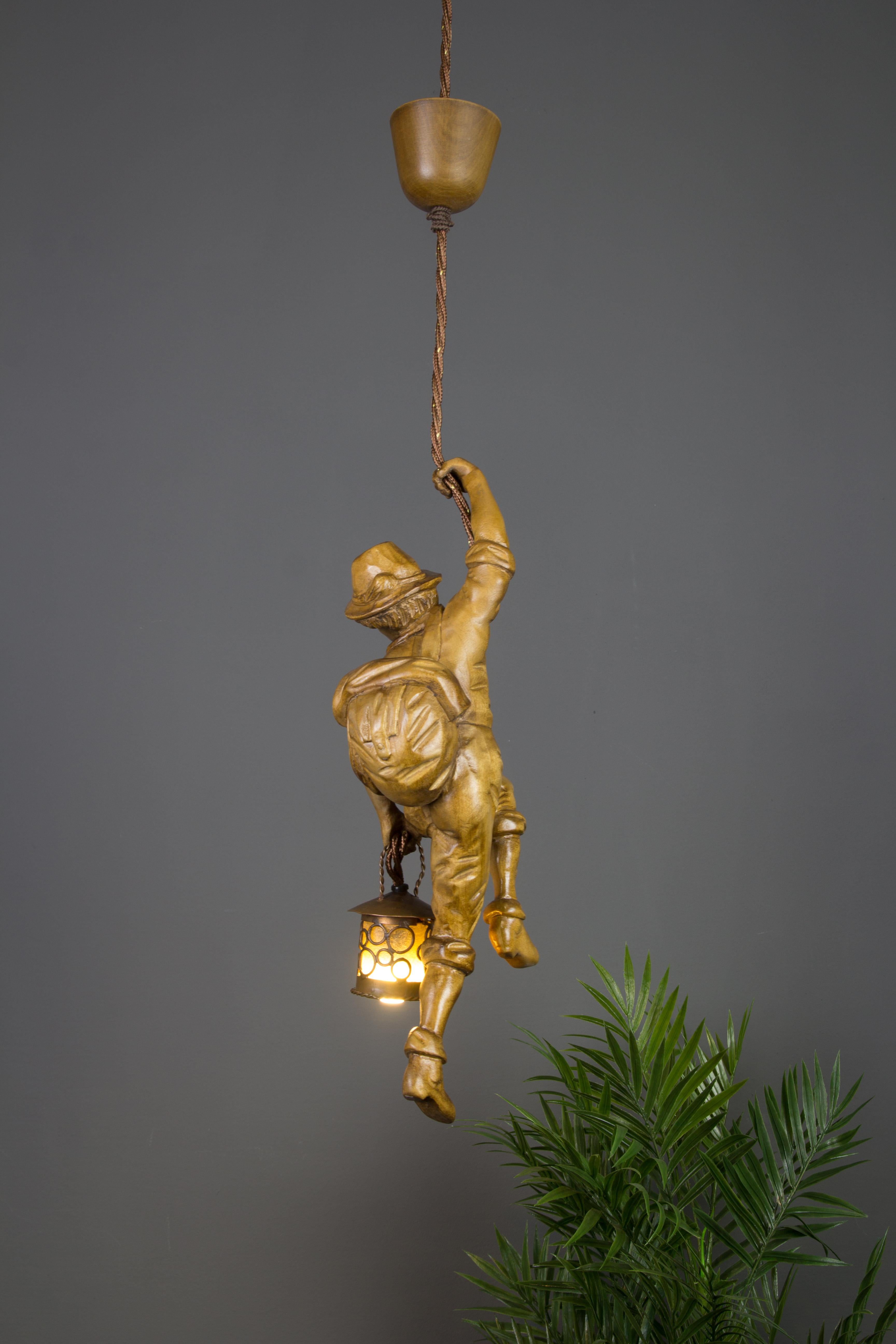 German Pendant Light Hand Carved Wood Figure Mountaineer Climber with Lantern 1