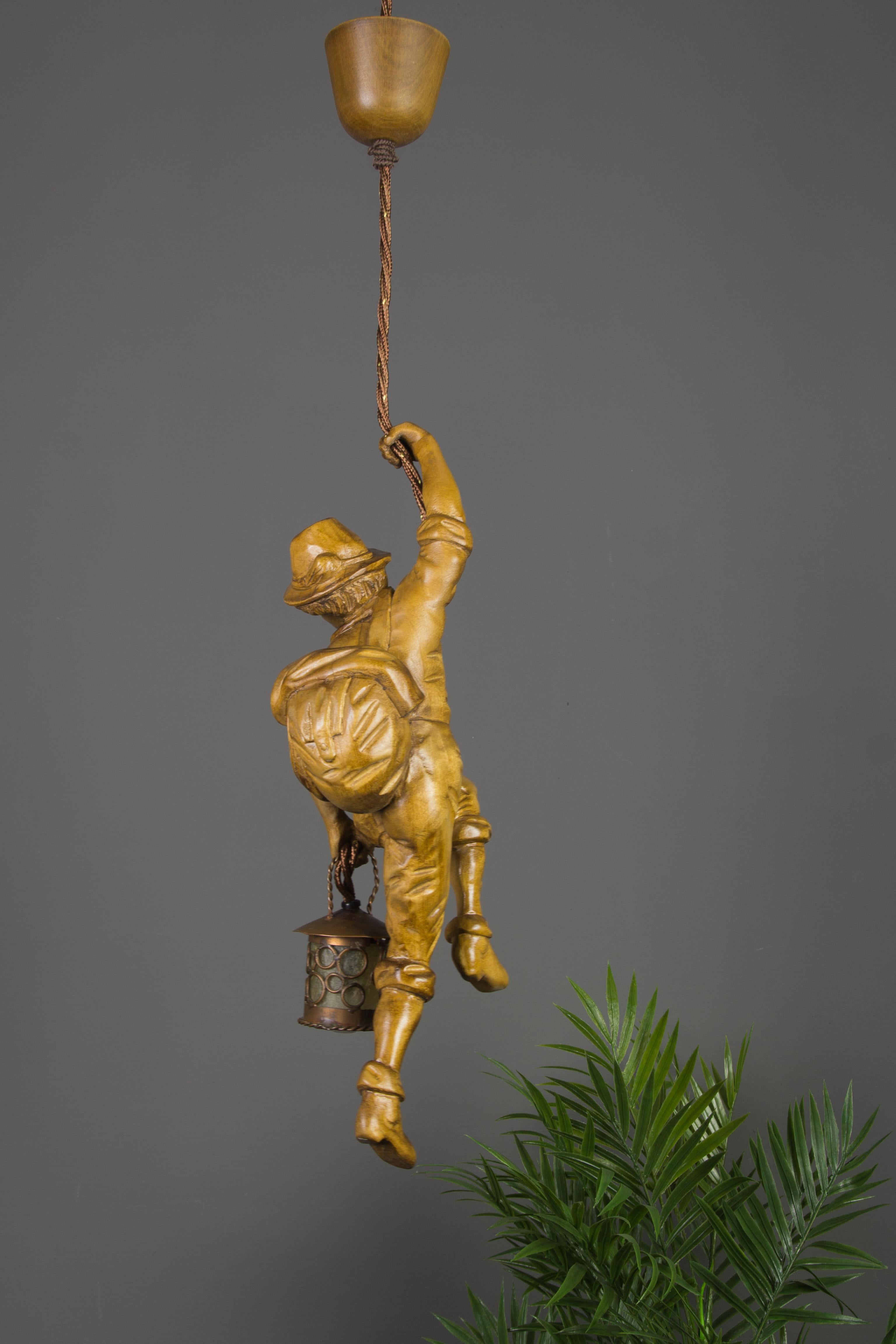 German Pendant Light Hand Carved Wood Figure Mountaineer Climber with Lantern 2