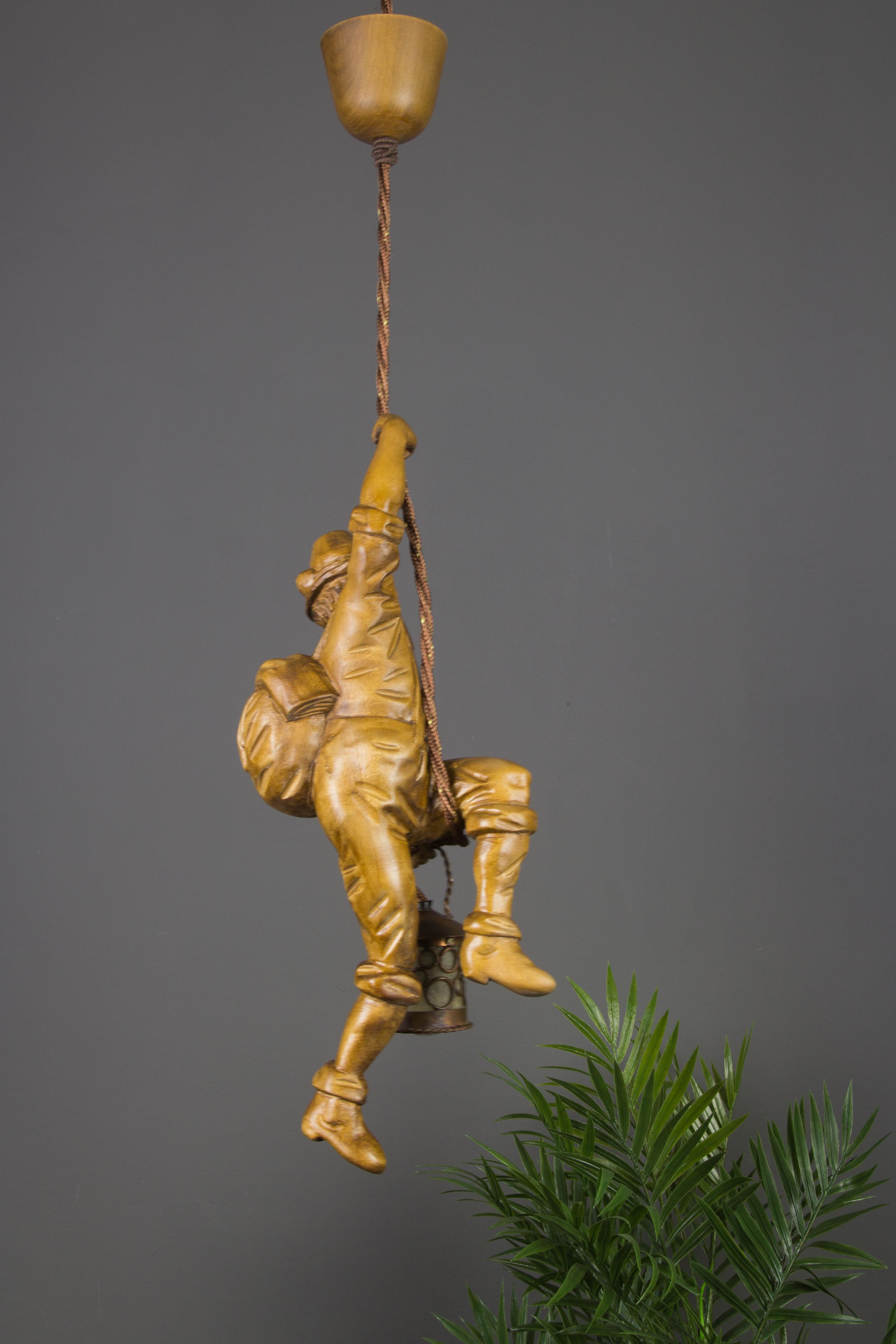 German Pendant Light Hand Carved Wood Figure Mountaineer Climber with Lantern 3
