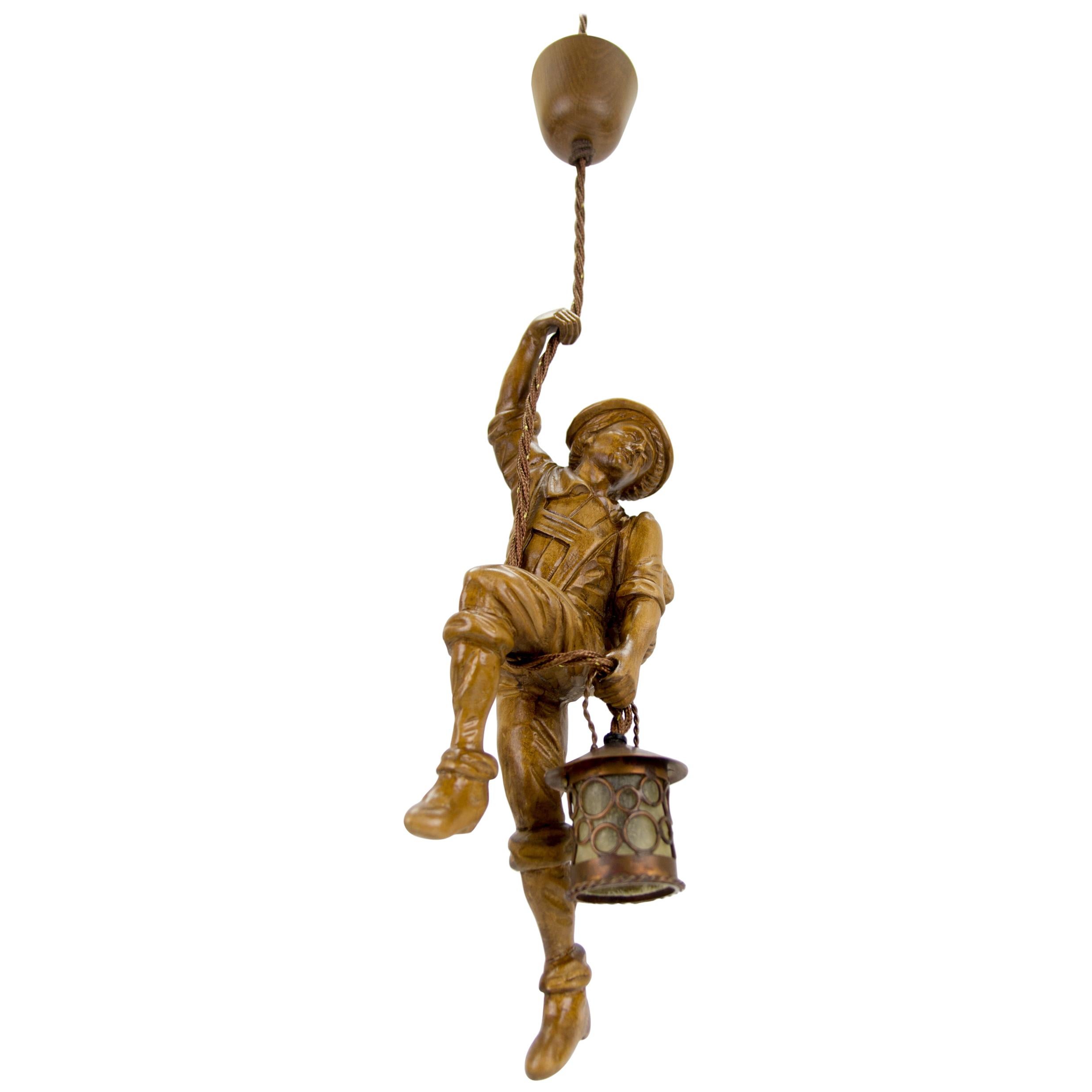 German Pendant Light Hand Carved Wood Figure Mountaineer Climber with Lantern
